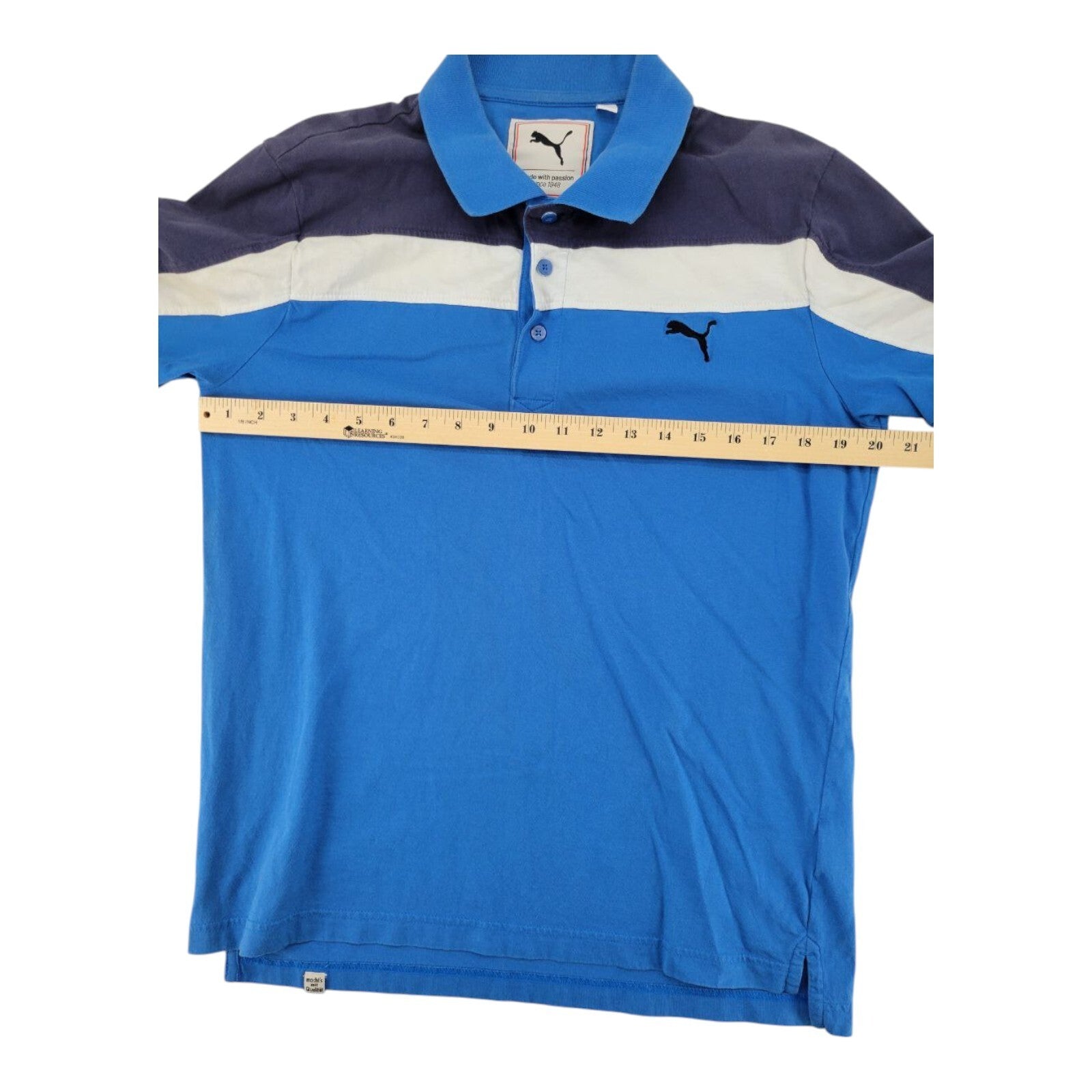 Puma Golf Polo Shirt Mens Blue White Colorblock Short Sleeve Logo Size Medium
