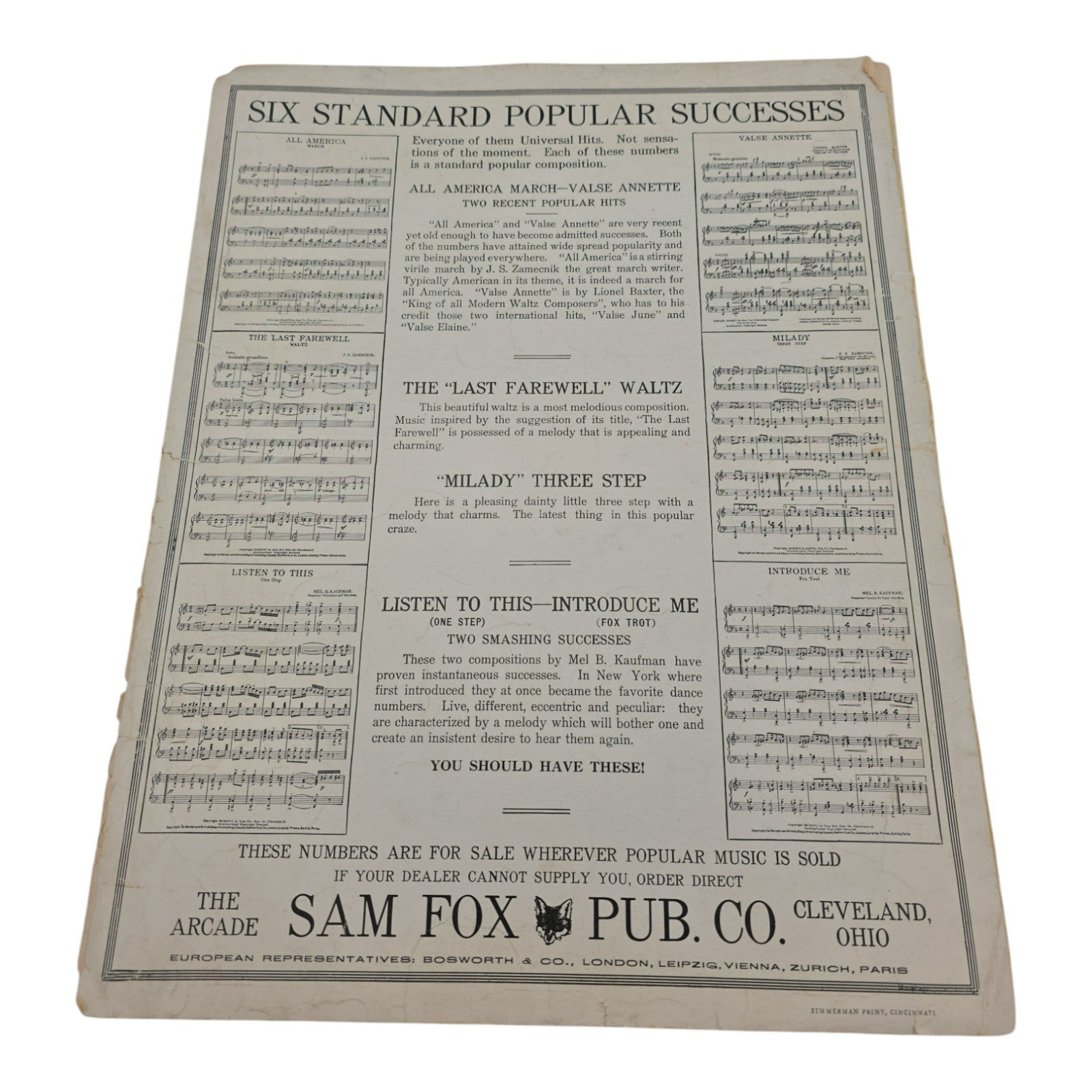 Milady Three Steps Vintage Sheet Music J S Zamecnik Sam Fox