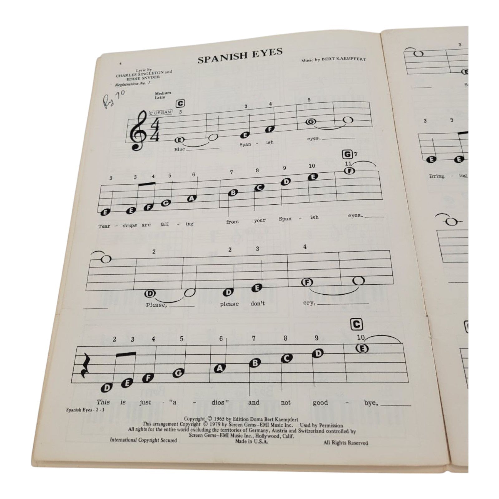 Spanish Eyes #15A Easy Instant Play for Piano Keyboards Guitar & Vocal 1979