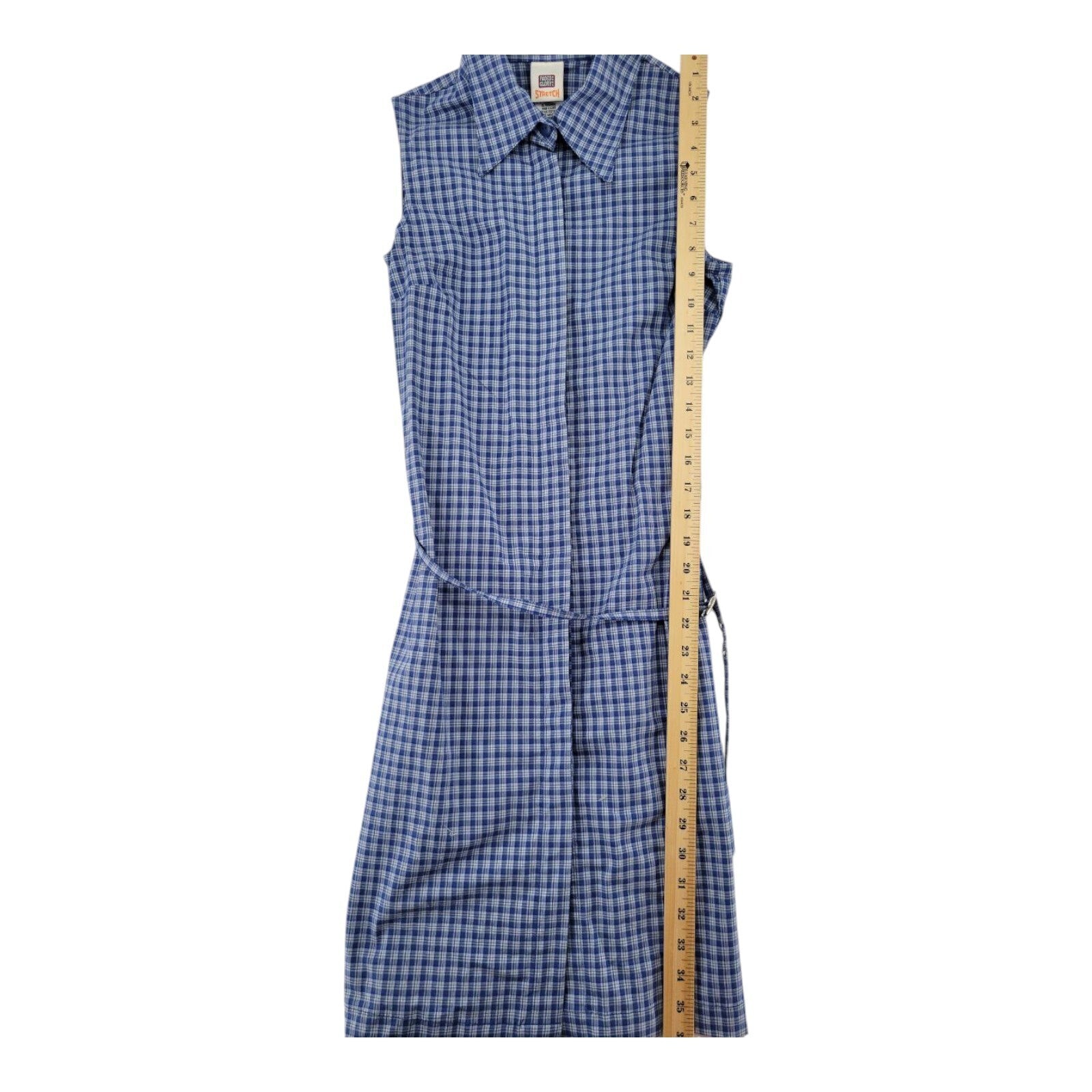 Faded Glory Stretch Blue Plaid Sleeveless Shirt Dress Tie Waist Size Small 4/6