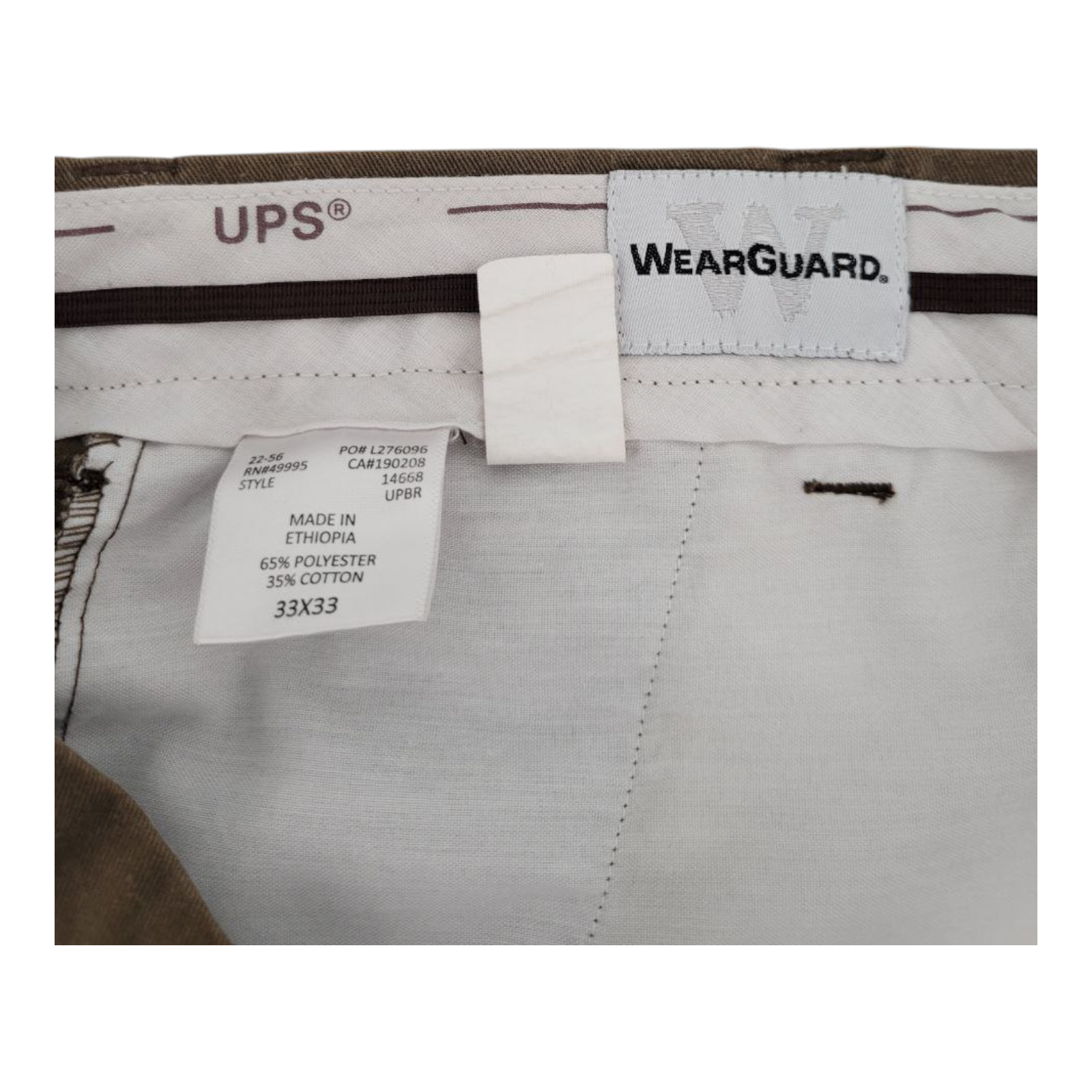 WearGuard UPS Work Pants Mens Brown Flat Front Utility Chinos 33x33 RN 49995