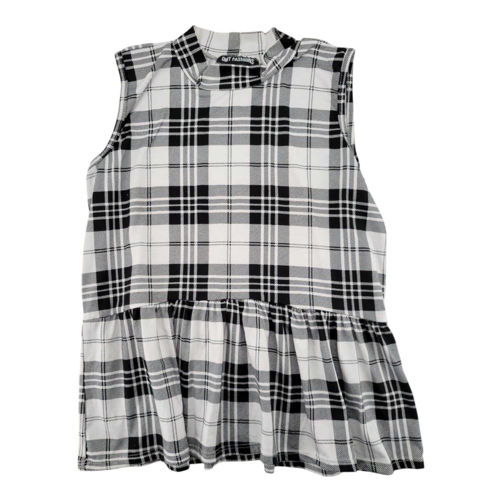 OMT Fashions Sleeveless Peplum Top Womens Black White Plaid Size XL