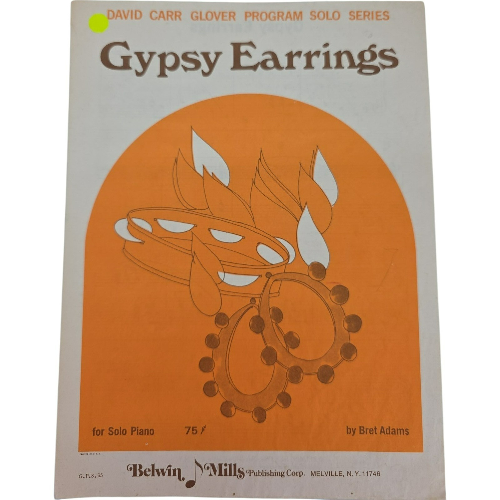 Vintage 1969 Piano Solo Gypsy Earrings by Bret Adams Sheet Music