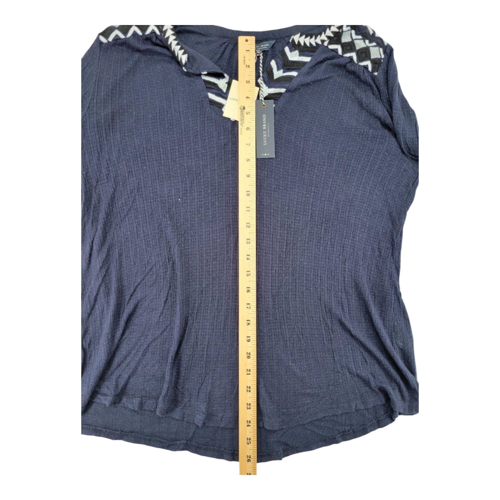 Lucky Brand Women's Top 1X Navy Embroidered V-Neck Long Sleeve NWT