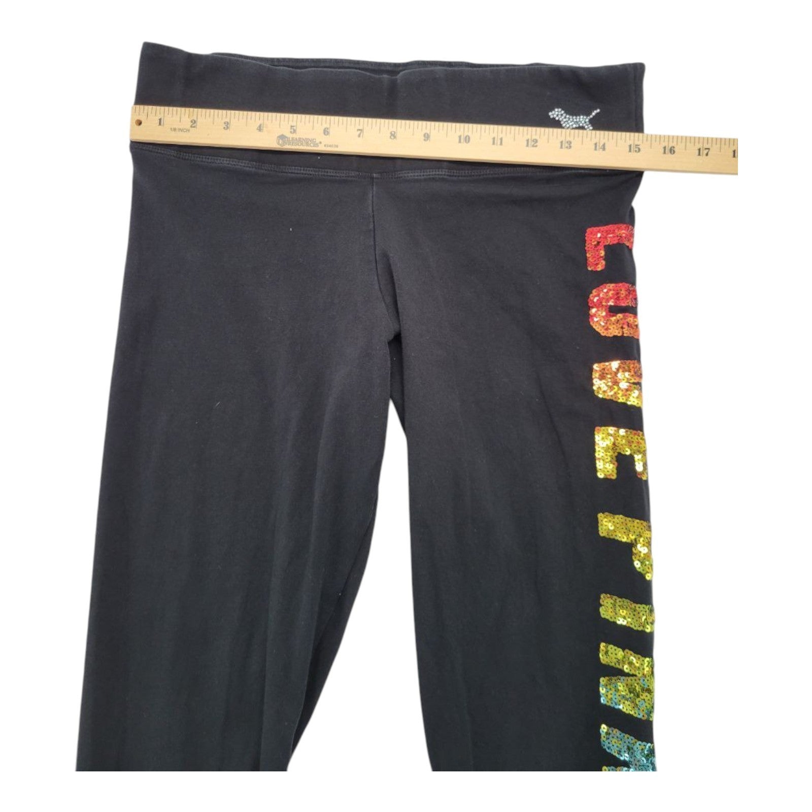 Victorias Secret PINK Bling Ombre Rainbow Sequin LOVE PINK Logo Black Leggings L