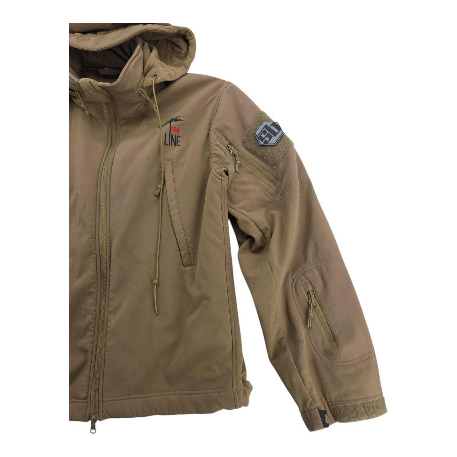 Nine Line Tactical Softshell Hooded Jacket Men’s L Tan with Patches