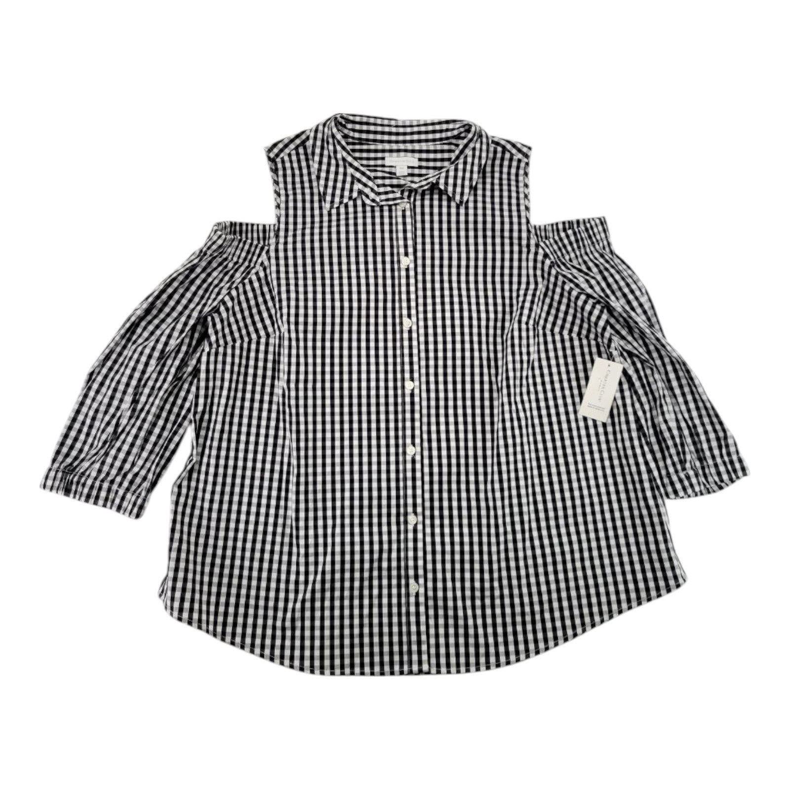 Charter Club Woman Gingham Cold Shoulder Top Black White Button Front 18W