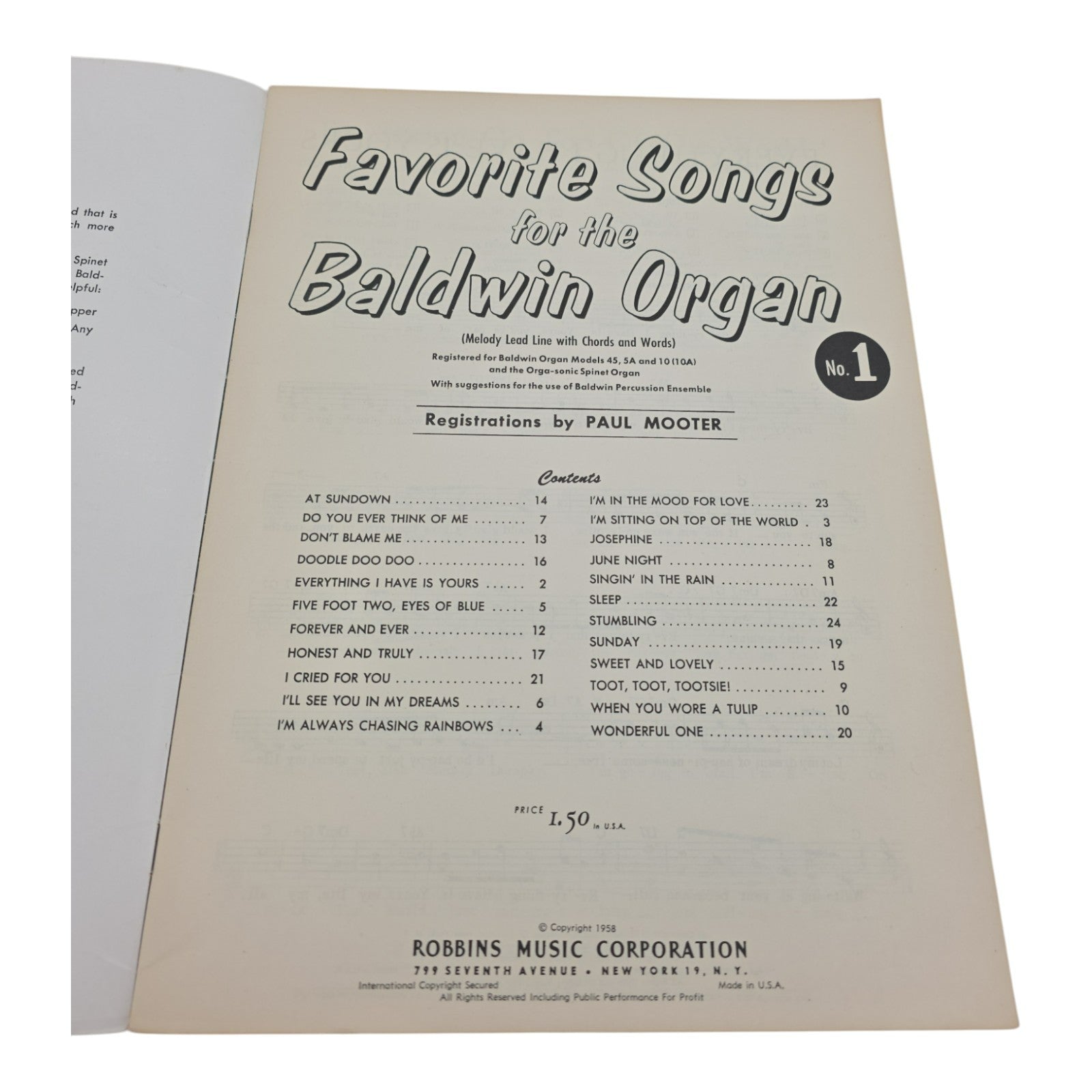 Favorite Songs for the Baldwin Organ Sheet Music Paul Mooter 1958