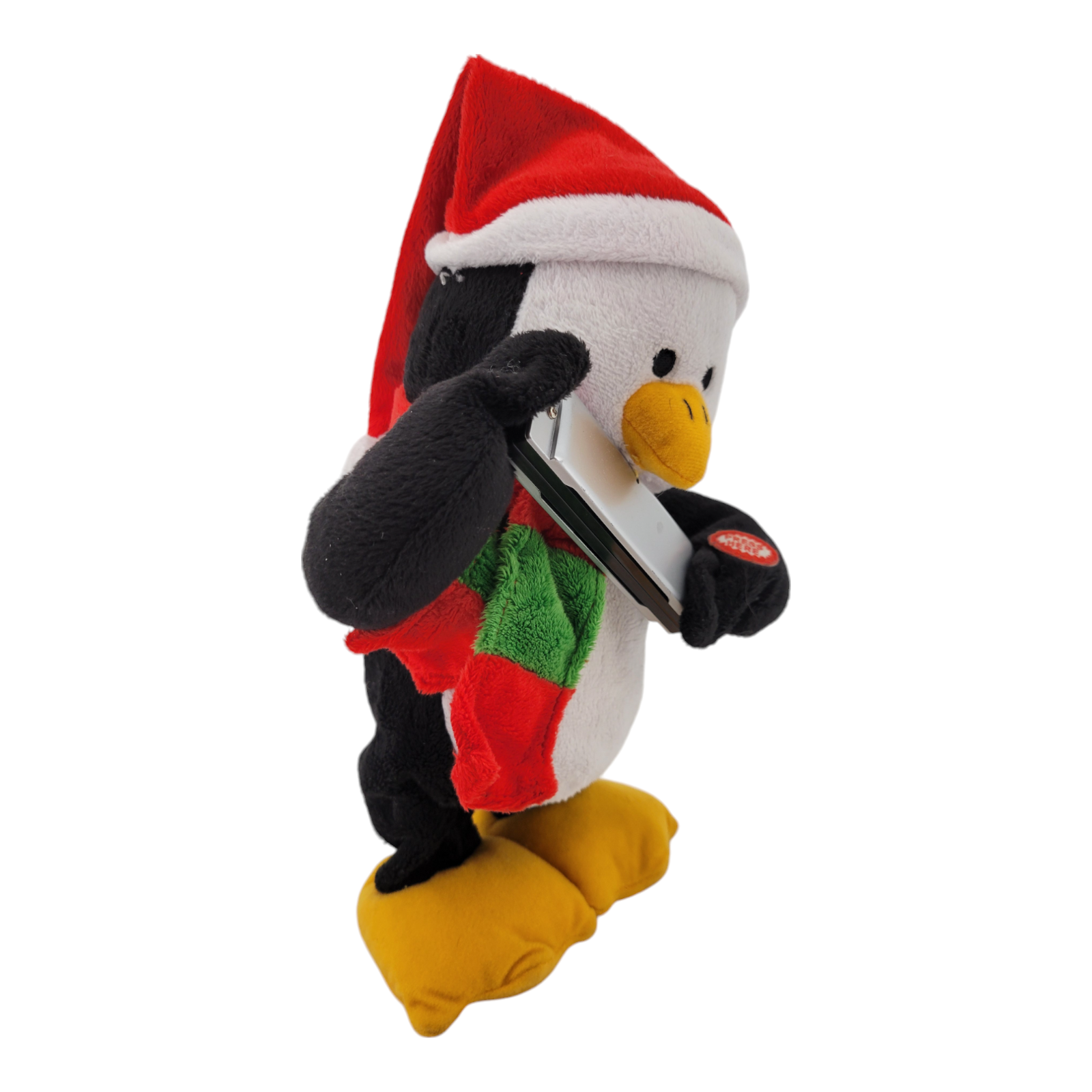 Animated Christmas Penguin Plush Santa Hat Singing Toy with Flute Press Here