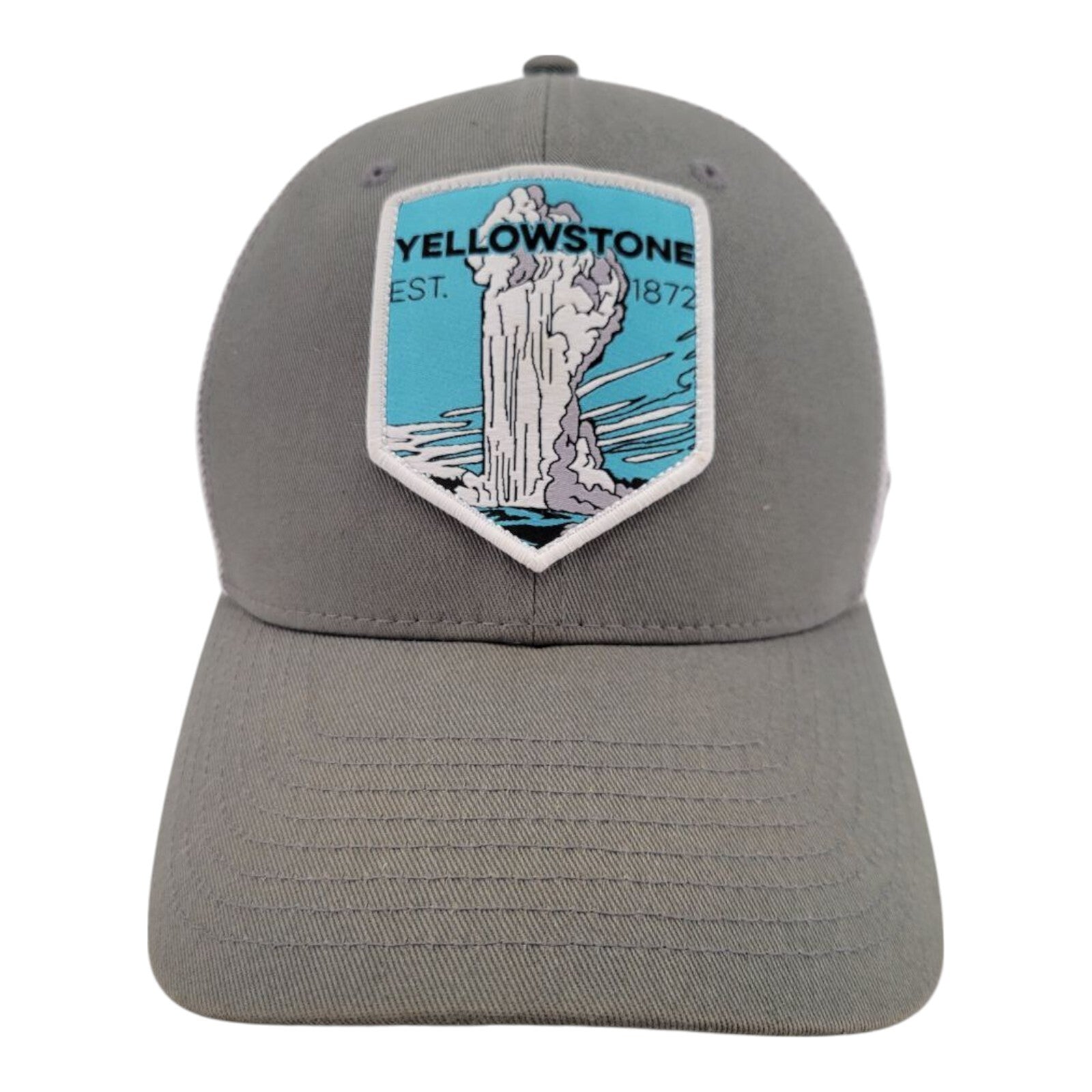 Columbia Yellowstone Flexfit Hat Gray White Mesh Trucker Cap Old Faithful S/M