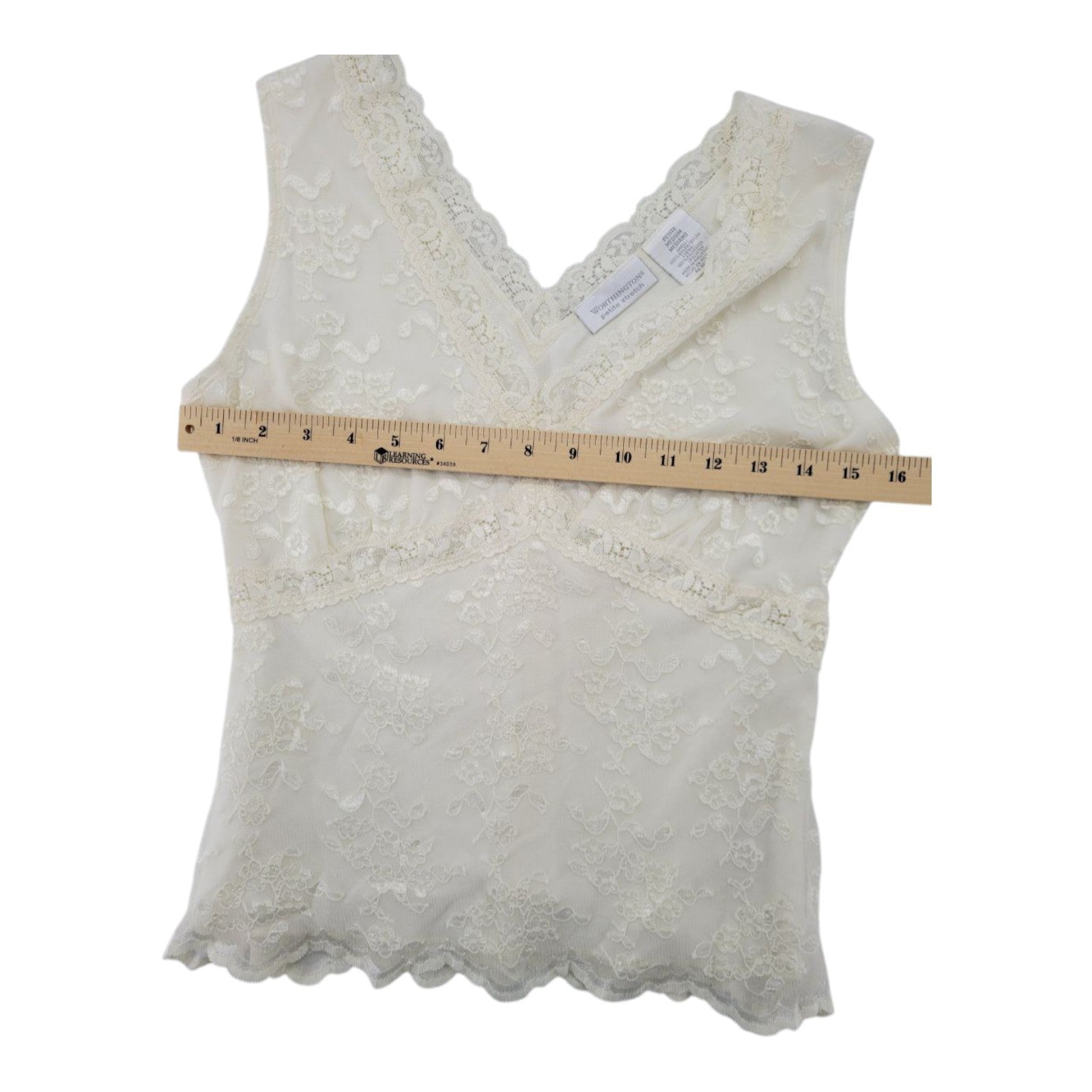 Worthington Women's Ivory Lace Tank Top Sleeveless V-Neck Trim MP