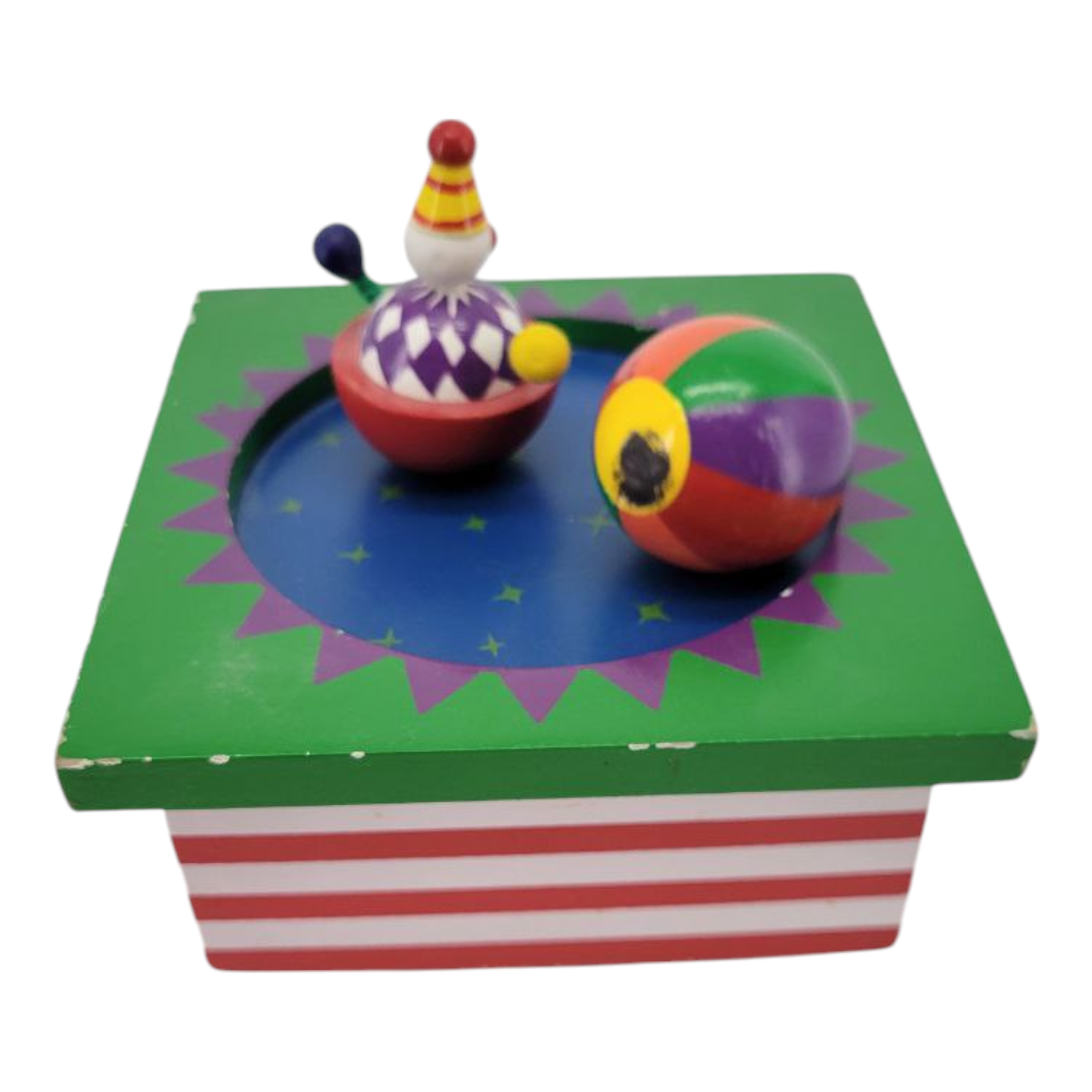 Vintage Wooden Magnetic Circus Clown and Ball Cartoon Music Box