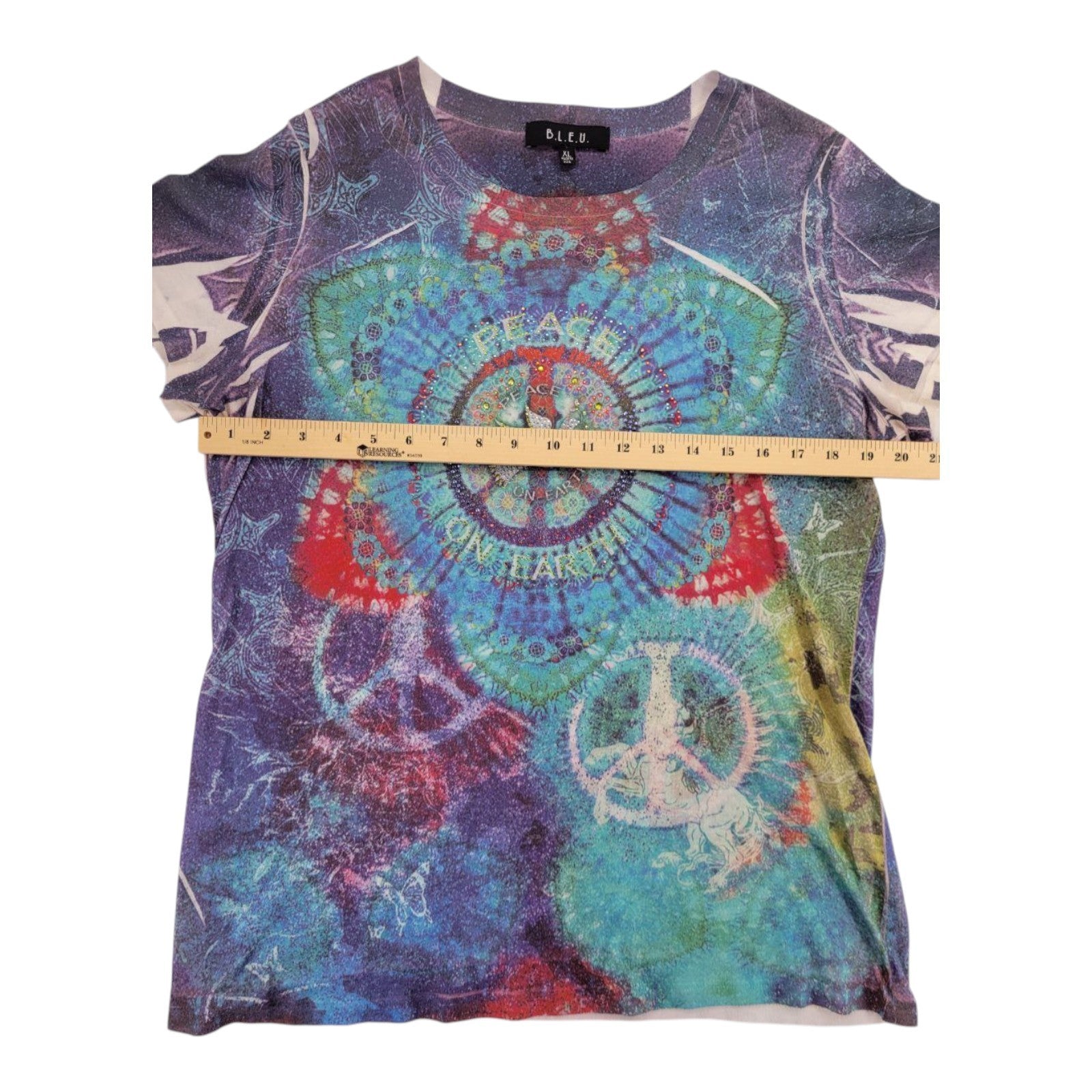 B.L.E.U. Women's Peace On Earth Rhinestone Tee USA Made Graphic XL