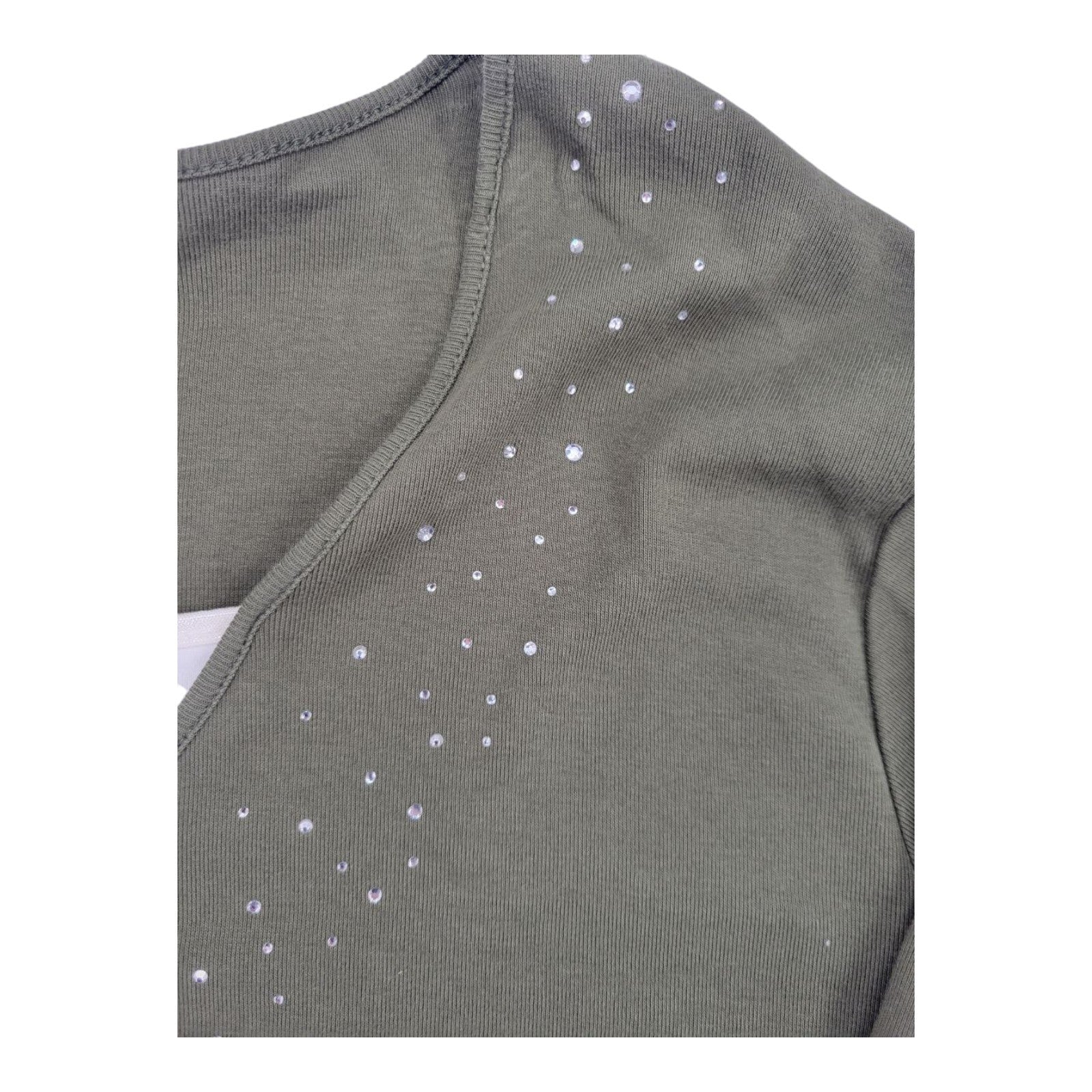 Women's Olive Green V-Neck Rhinestone Long Sleeve Shirt Plus Size 22/24W