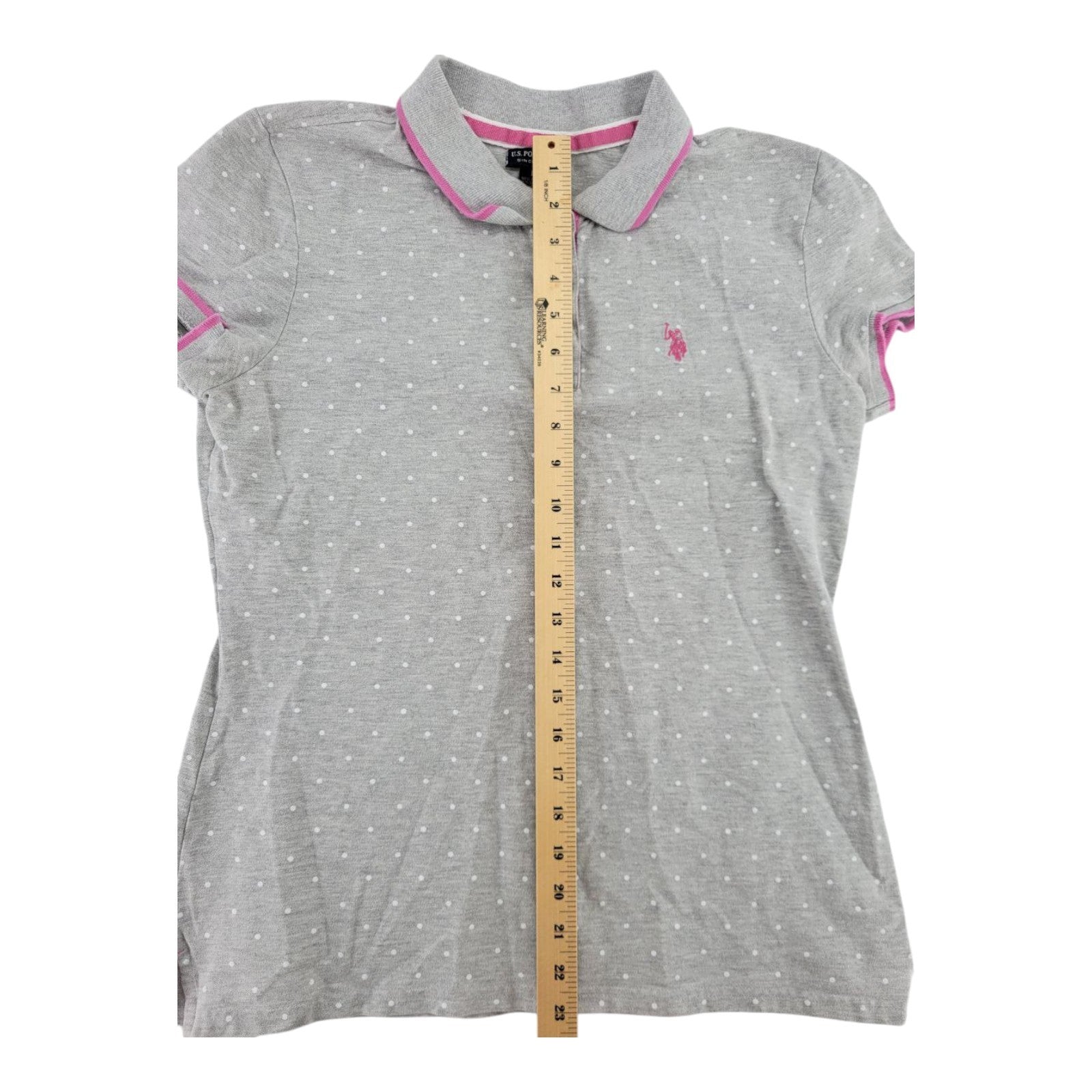US Polo Assn Womens Pin Dot Print Grey Polo Shirt Short Sleeve Size L