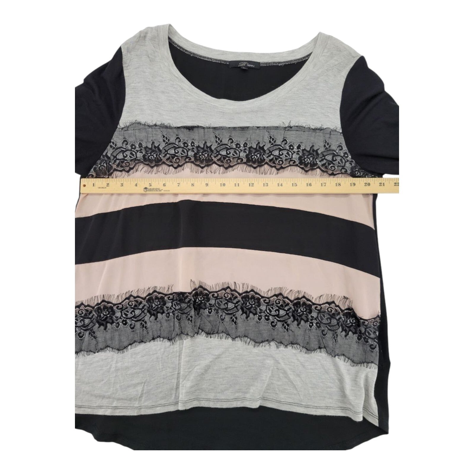B'leev Womens Long Sleeve Blouse Lace Striped Black Gray Pink Size XL
