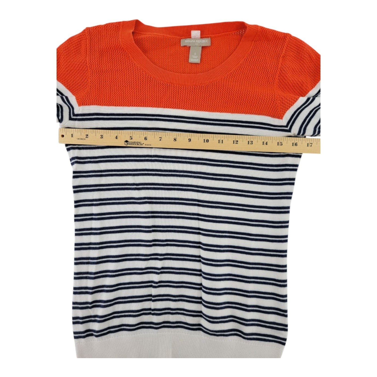 Banana Republic Womens Striped Sweater Top Orange Navy White Short Sleeve S