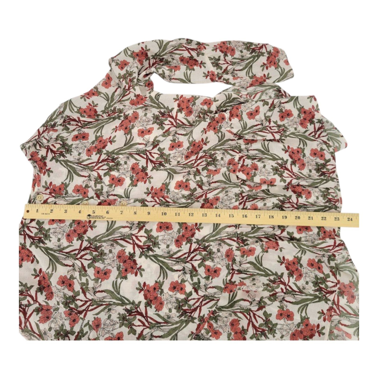 Max Studio Women's Floral Blouse XS White Pink Green Ruffle Hem Long Sleeve