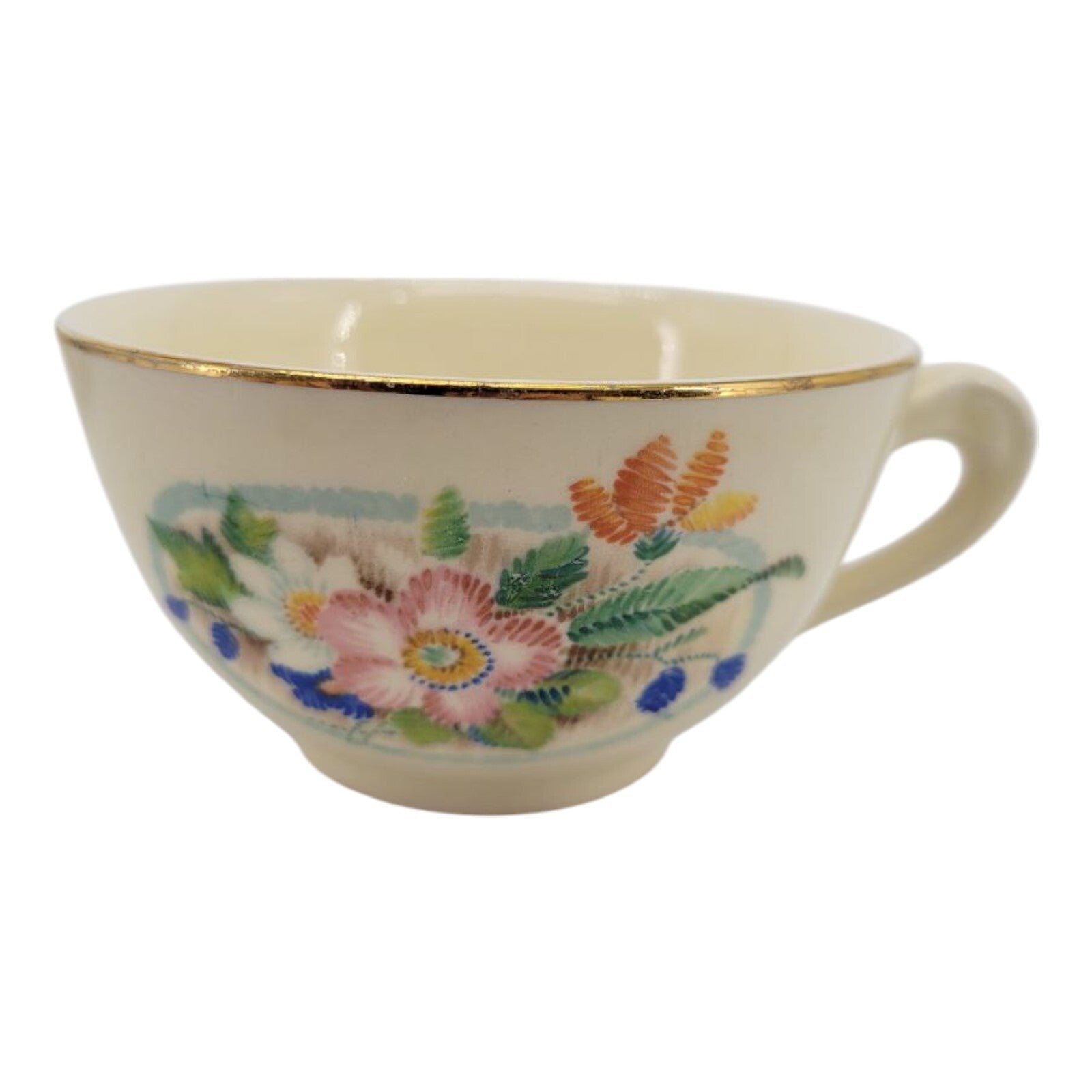 Vintage Floral Ivory Ceramic Teacups Set of 3 with Gold Rim Hand Painted
