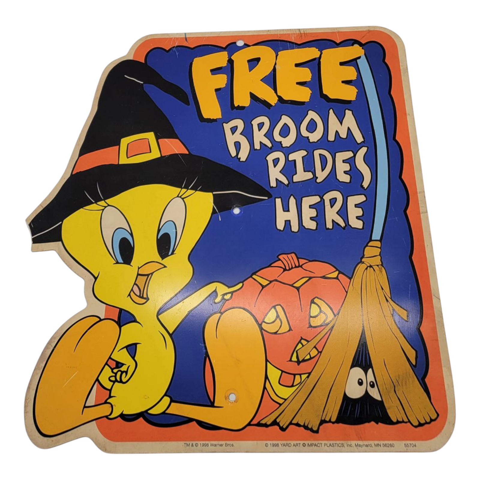 Vintage 1998 Looney Tunes Tweety Bird Halloween Free Broom Rides Here Sign