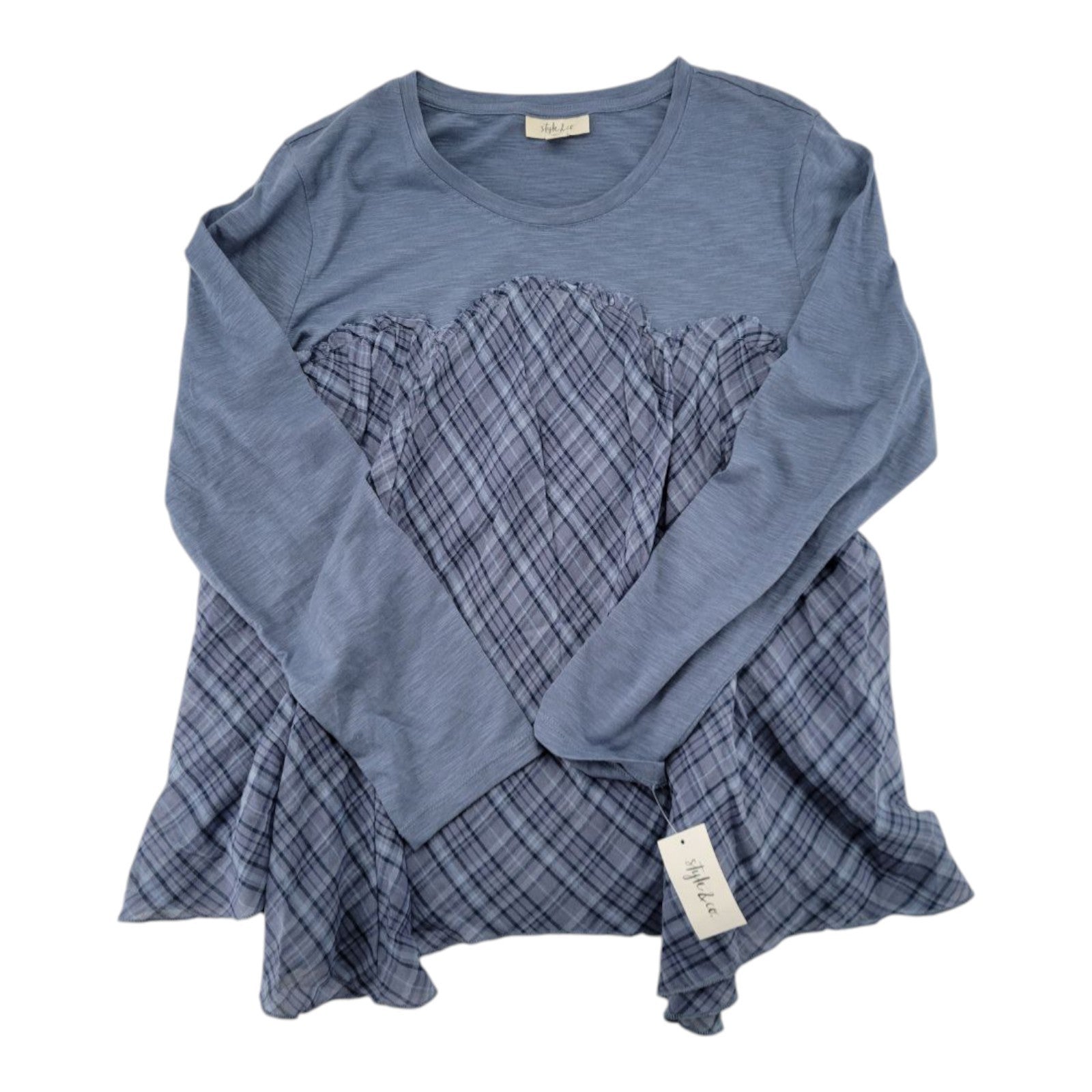 Style & Co Women's Blue Plaid Peplum Top Long Sleeve Mixed Media Scallop M