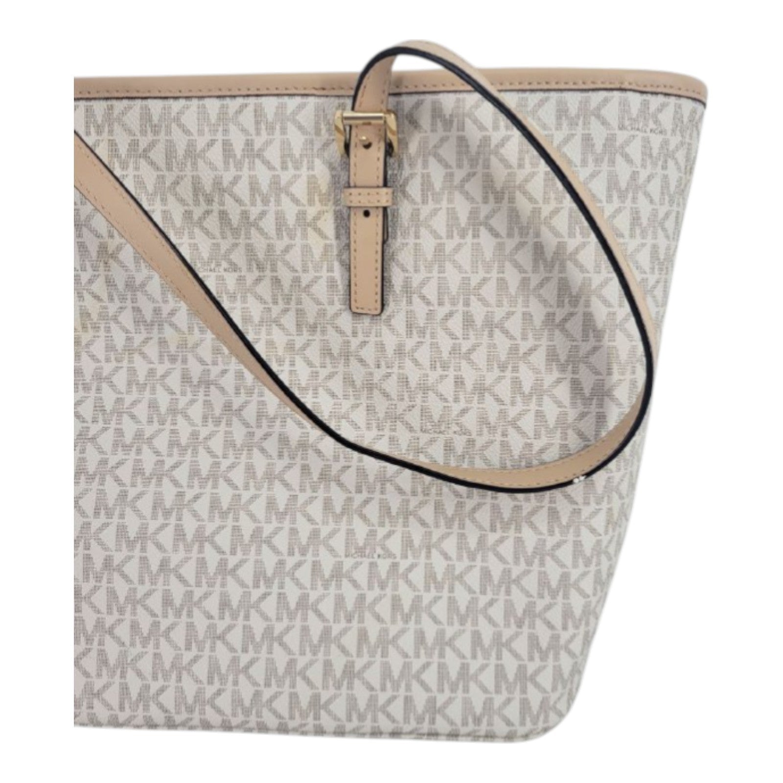 Michael Kors Jet Set Travel Tote Vanilla MK Logo Canvas Leather Gold Charm
