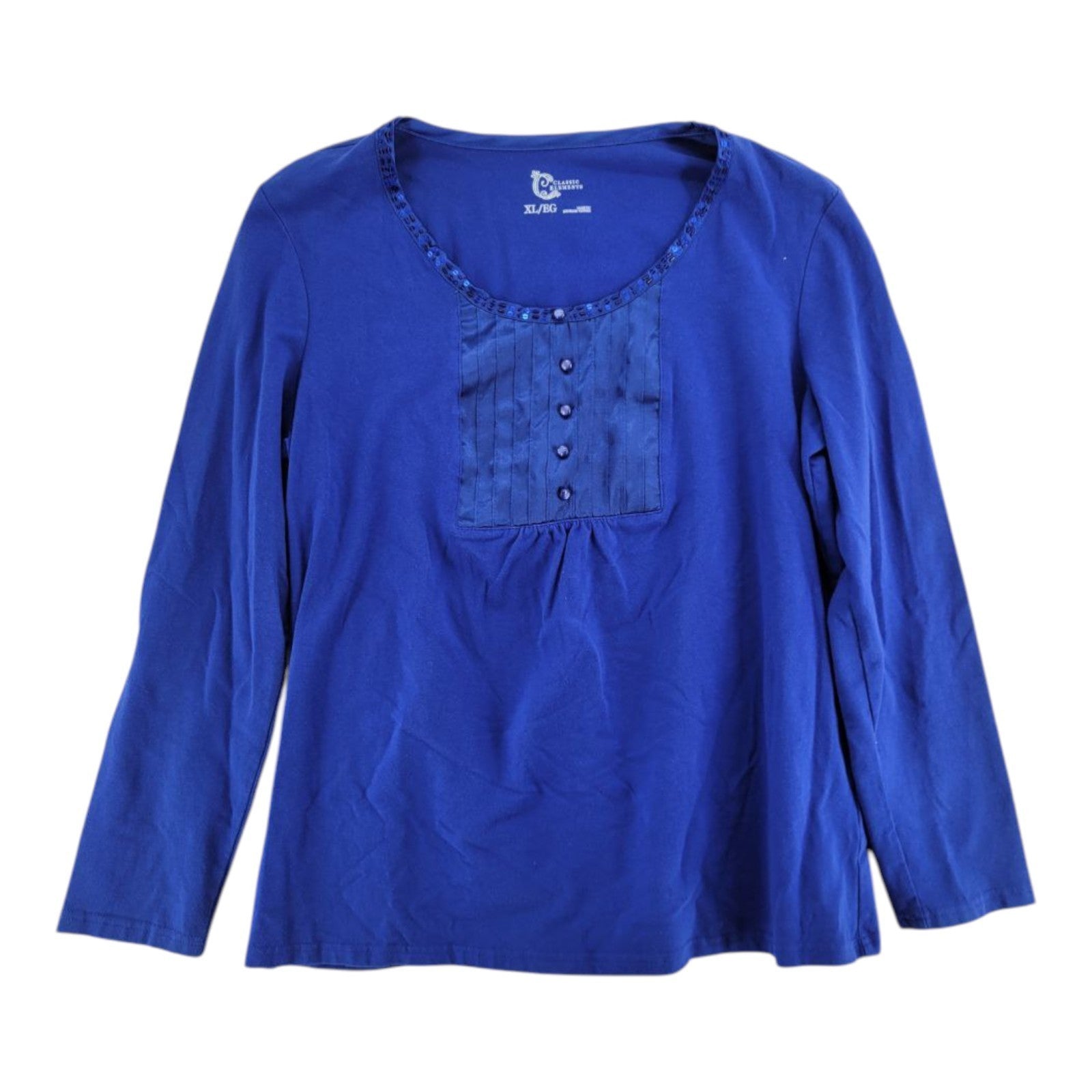 Classic Elements Blue Sequin Neck Long Sleeve Top Shirt Women's XL