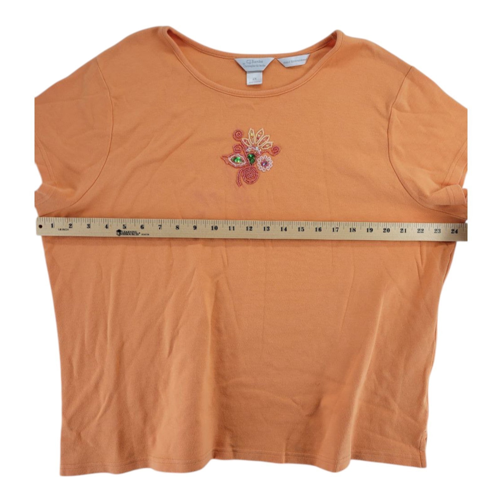 CJ Banks Orange Hand Embroidered Beaded Floral Tee Short Sleeve Top Women's 2X
