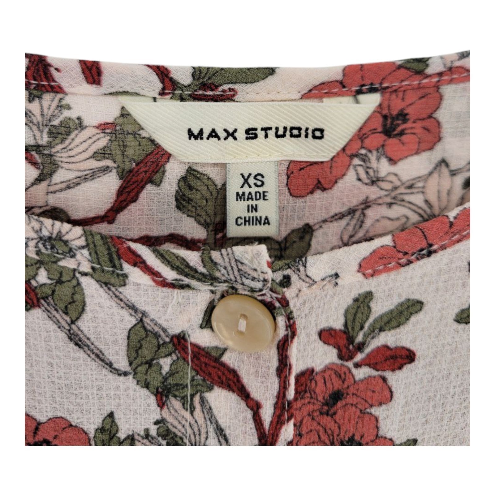 Max Studio Women's Floral Blouse XS White Pink Green Ruffle Hem Long Sleeve