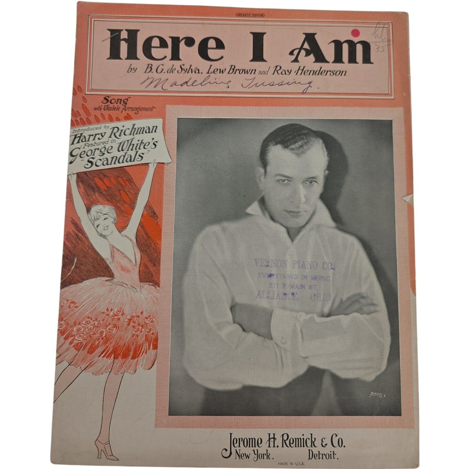 Vintage 1926 Sheet Music Here I Am Harry Richman George White Scandals