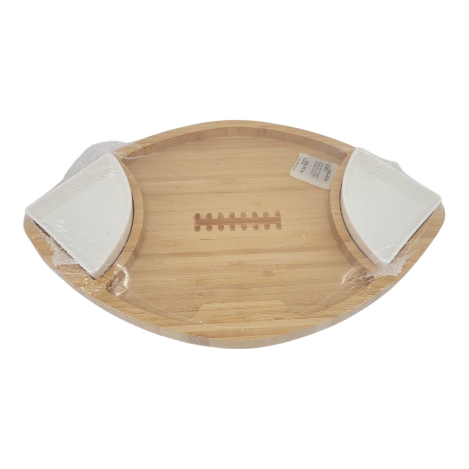Bamboo Football Shaped Wooden Bowl with Ceramic Dip Bowls Serving Tray