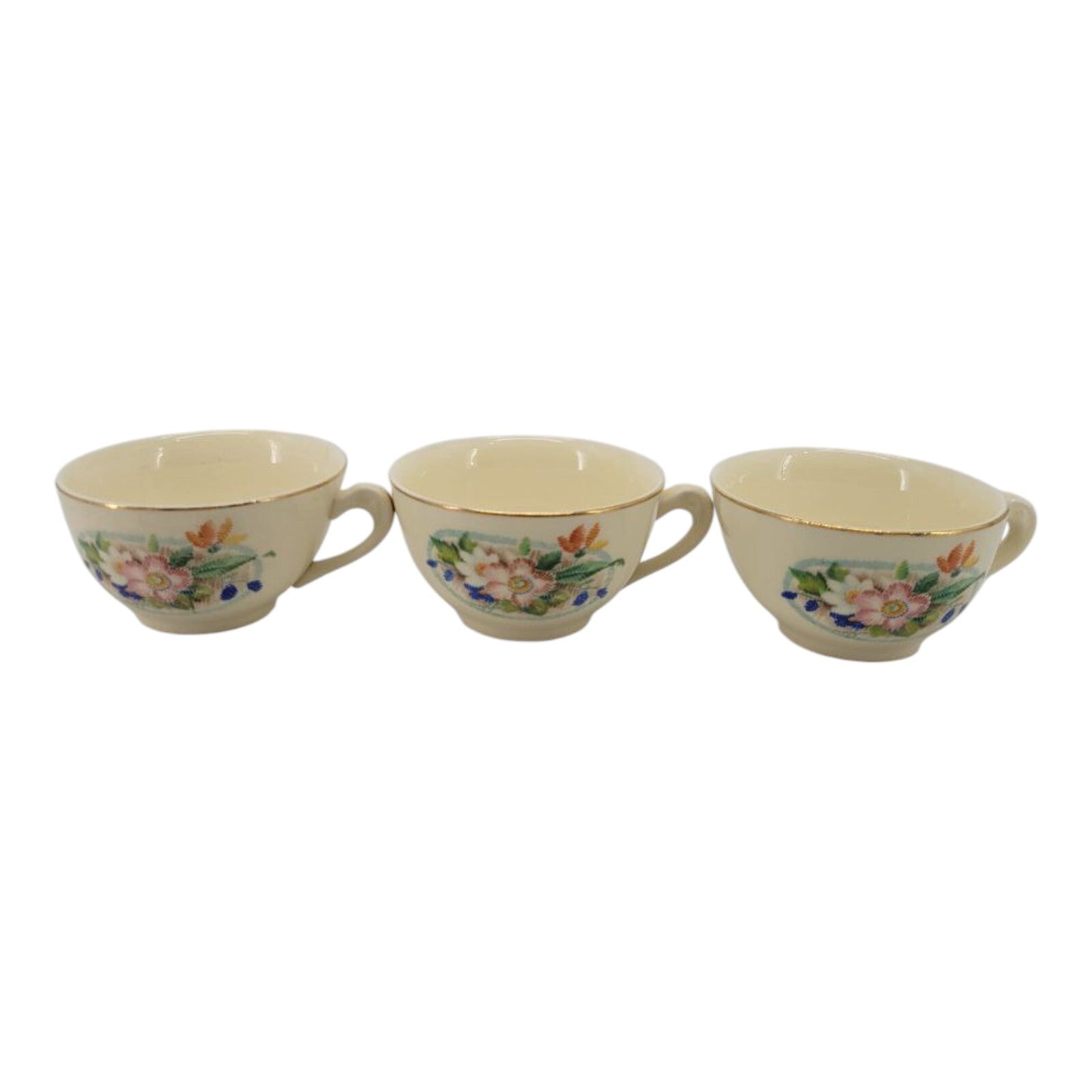 Vintage Floral Ivory Ceramic Teacups Set of 3 with Gold Rim Hand Painted