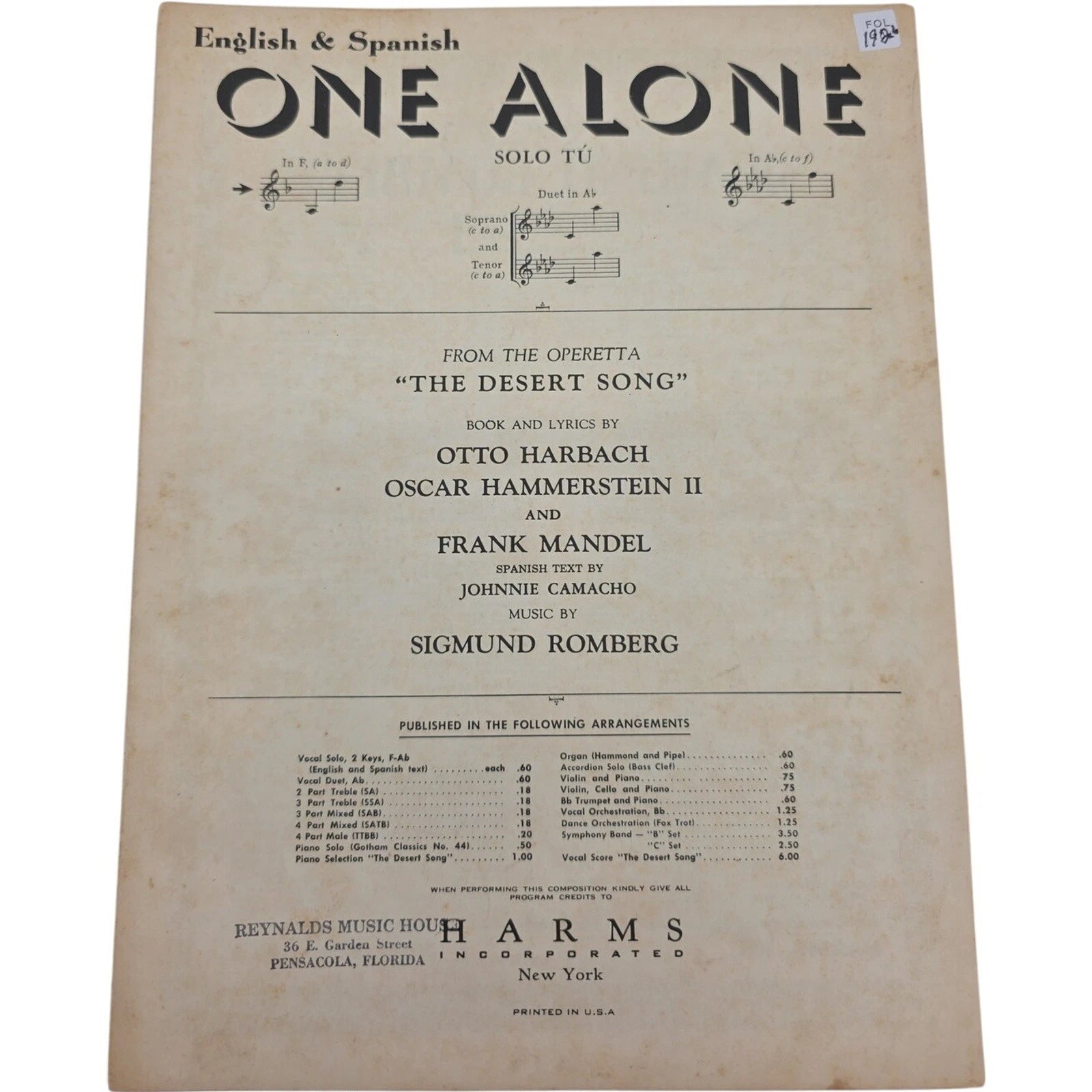 One Alone Solo Tu from The Desert Song Sheet Music 1926 1947 English & Spanish