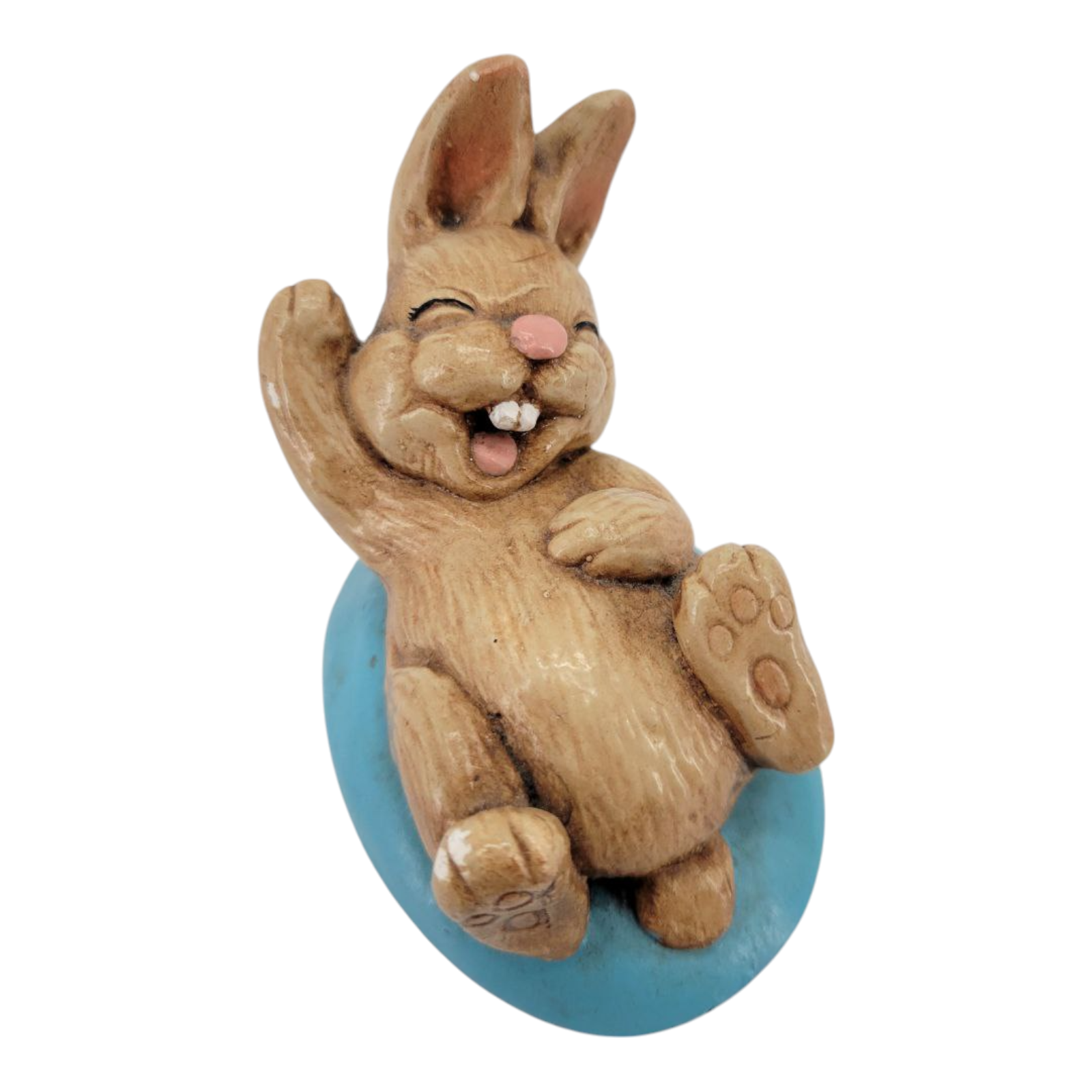 Vintage Laughing Bunny Brown Resin Rabbit Figurine on Blue Base Collectible