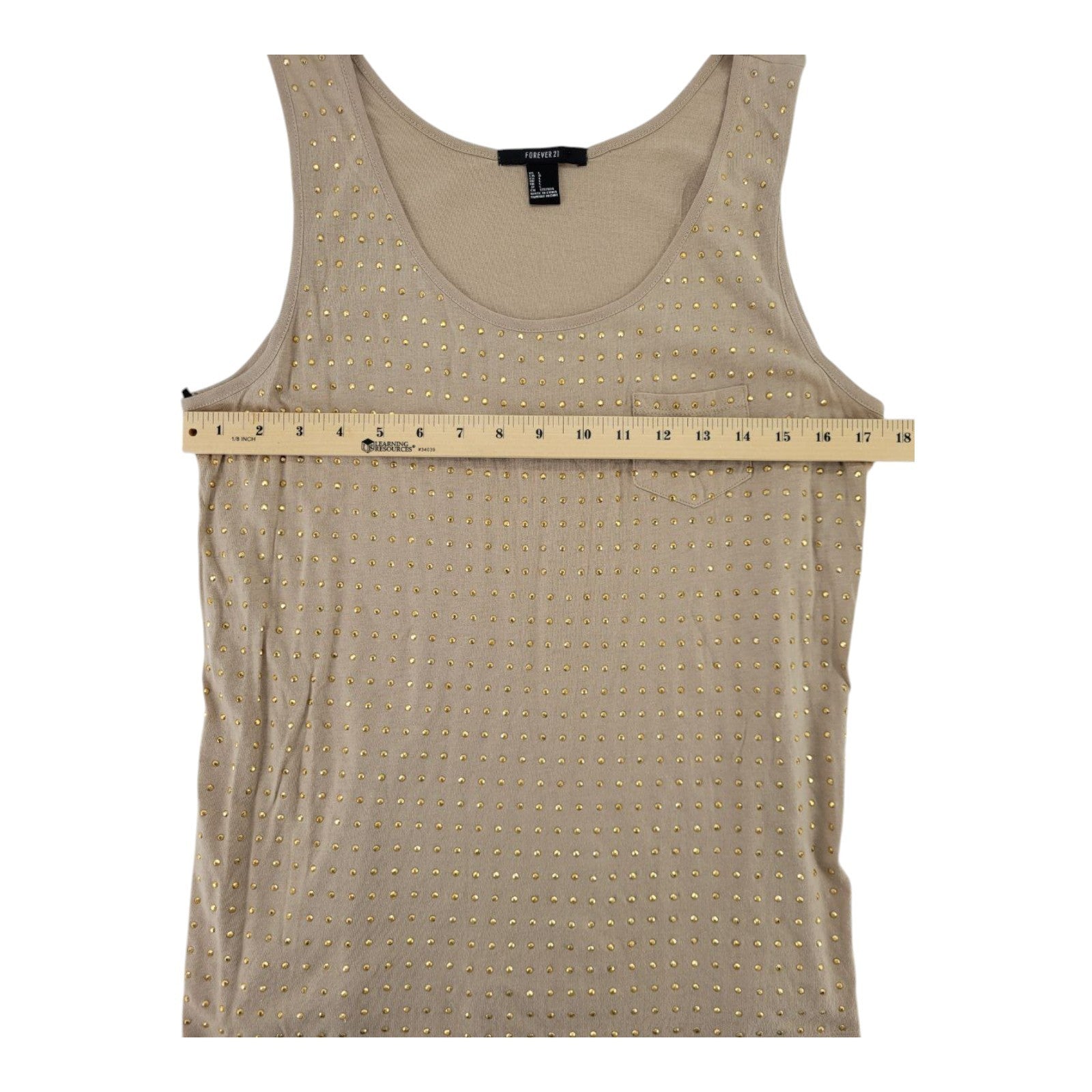 Forever 21 Beige Tank Top Gold Studded Scoop Neck Sleeveless Pocket Size L