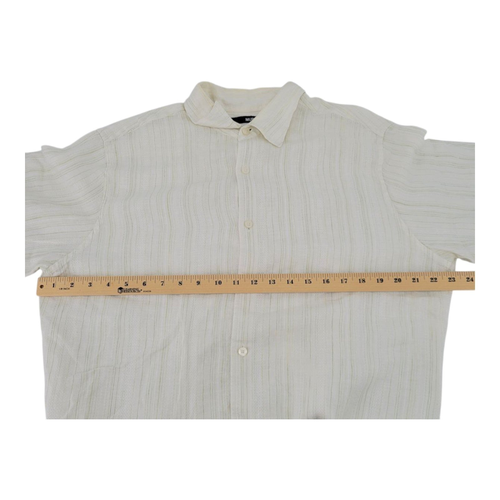 Murano Men's Linen Button Down Shirt Cream Beige Striped Short Sleeve L