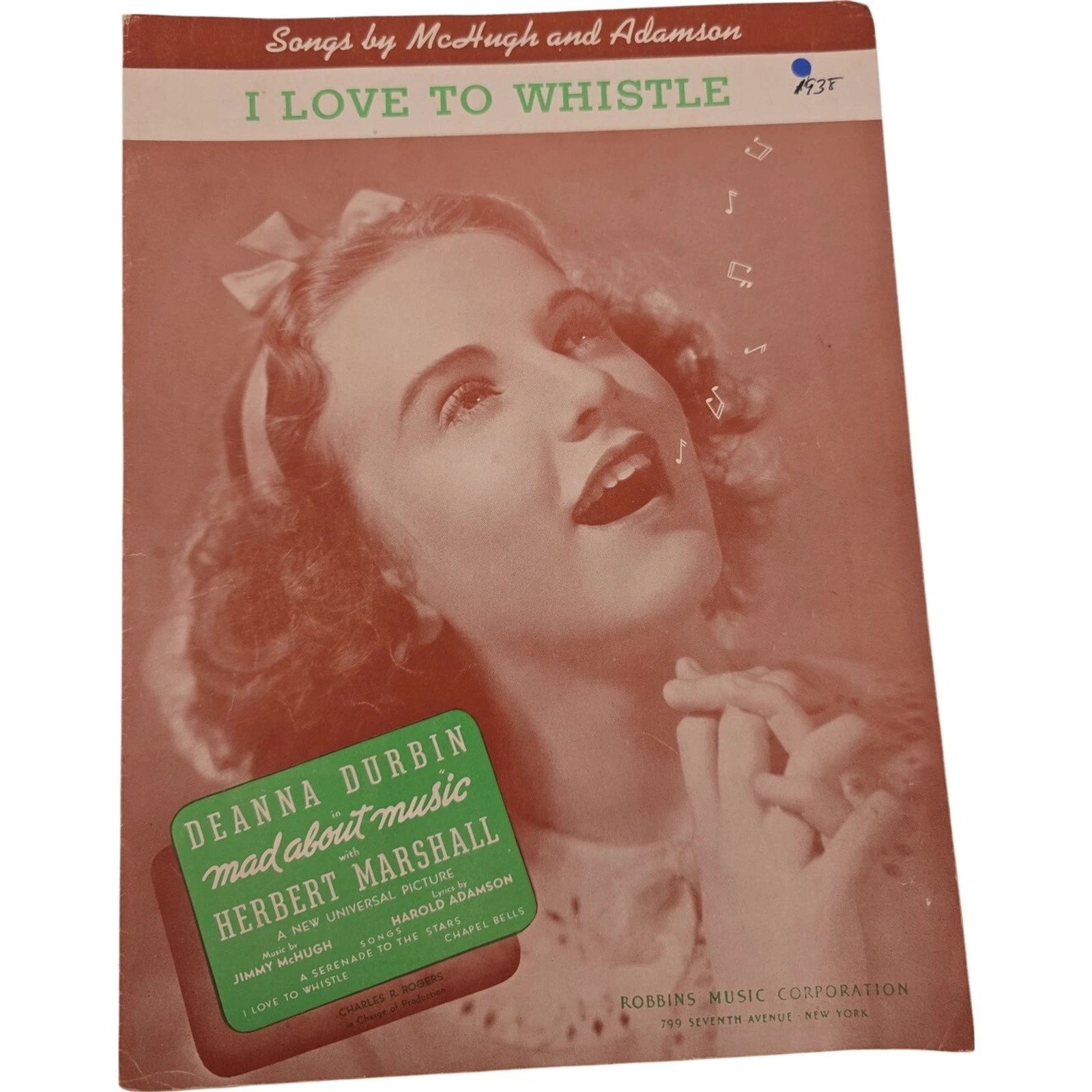 I Love to Whistle From Mad About Music featuring Deanna Durbin 1938 Sheet Music