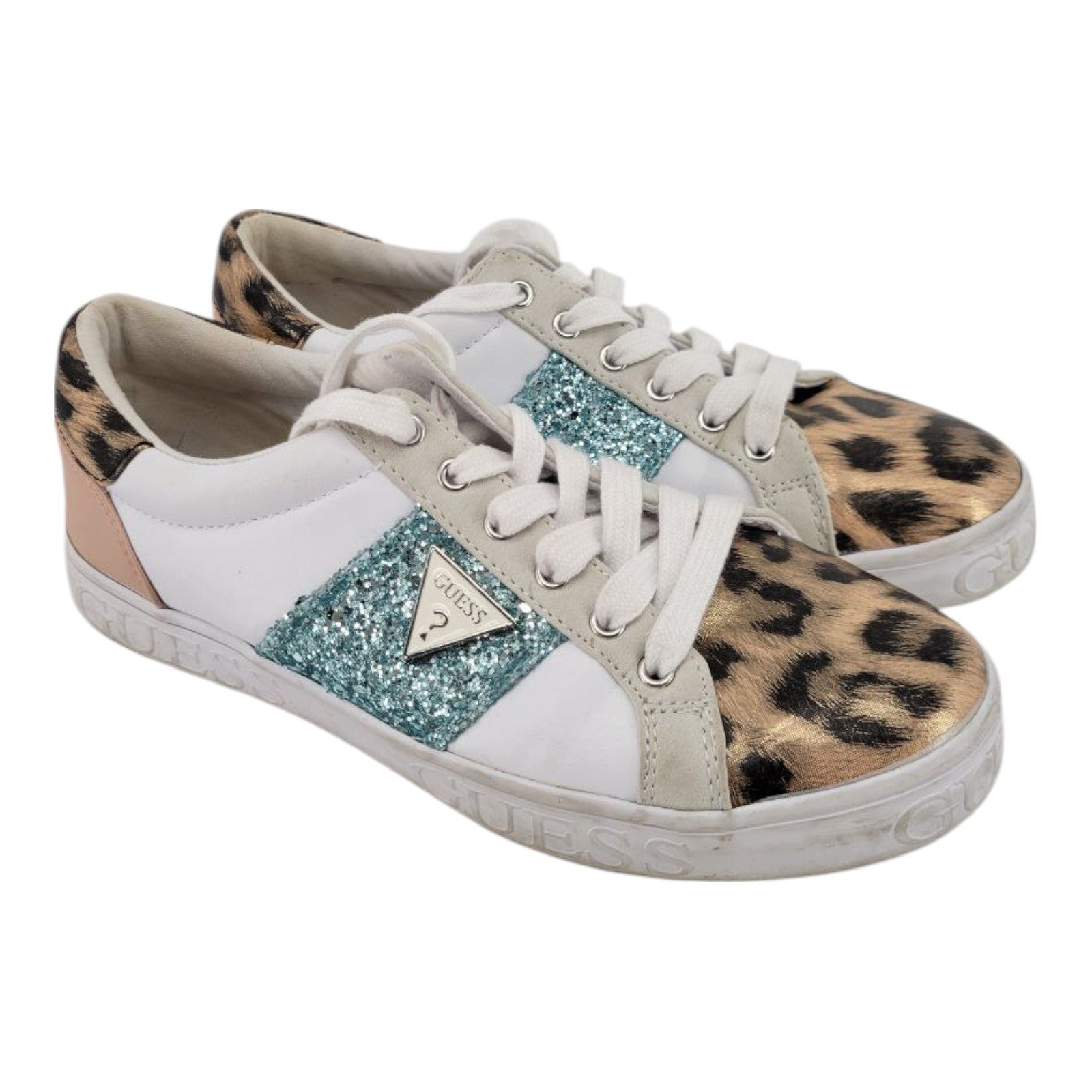 GUESS Glitter Leopard Print Sneakers ASTRAY3 White Blue Womens 8.5 M
