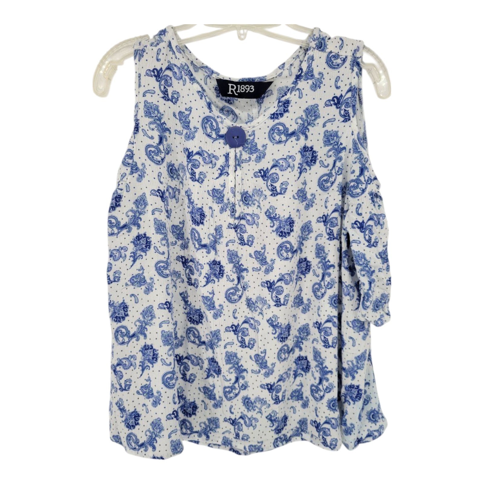 R1893 Womens Cold Shoulder Blue Paisley Print Top Button Neck