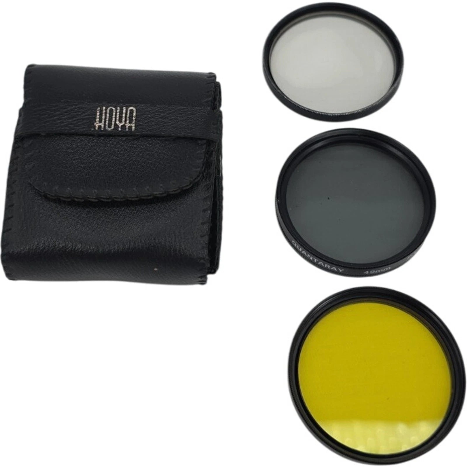 Lot of 3 49mm Camera Lens Filters Vivitar UV Quantaray PL Sunpak Y2 w/ Hoya Case
