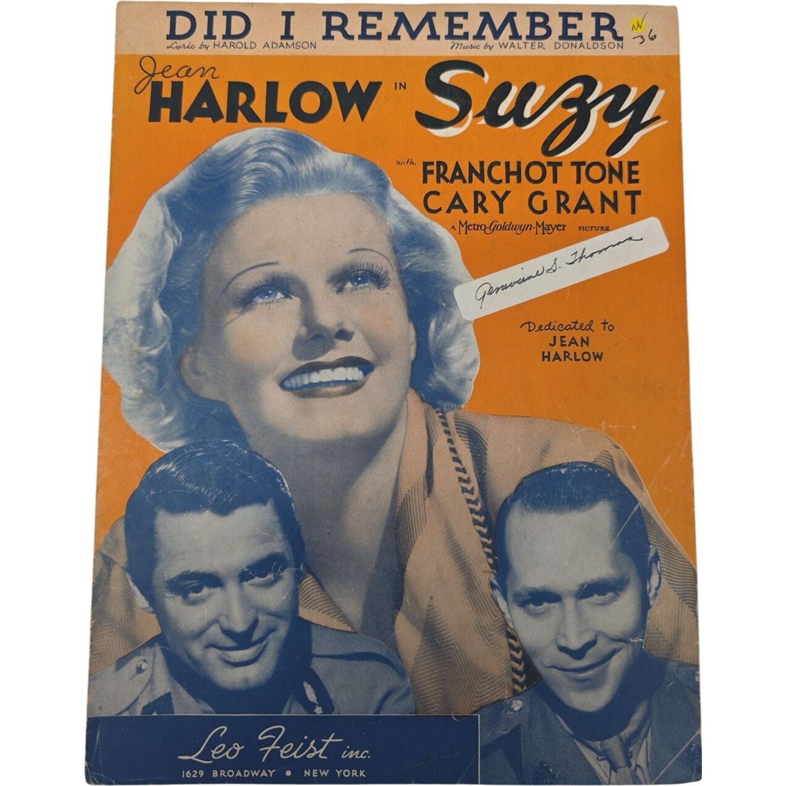 1936 Jean Harlow Cary Grant Did I Remember Sheet Music Suzy Movie Vintage