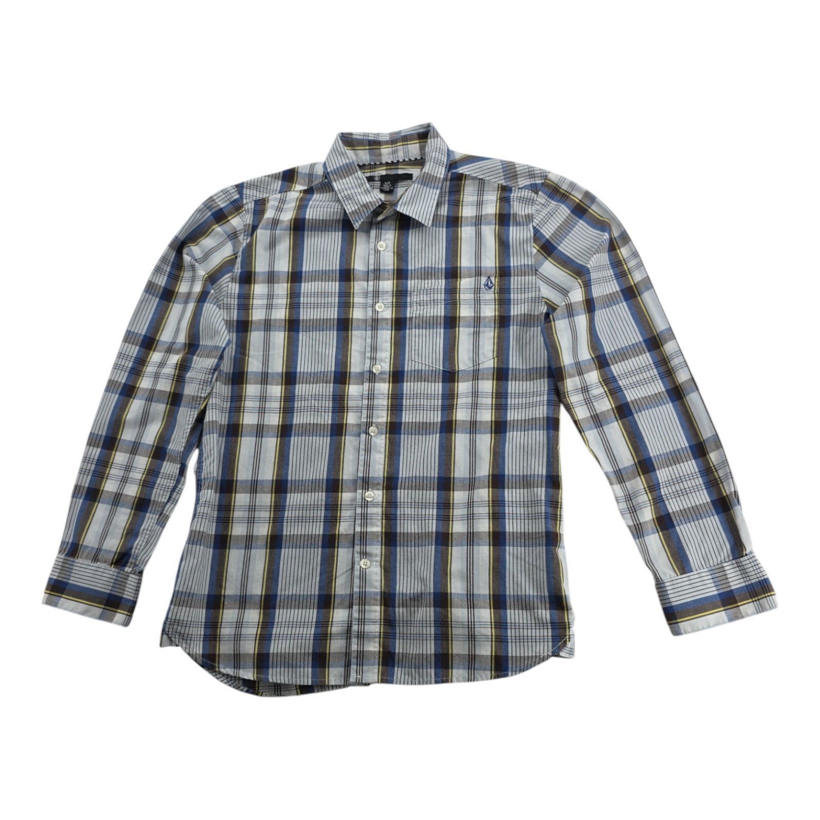Volcom Factor Plaid Button Down Shirt Blue Brown Long Sleeve Men’s Size Small