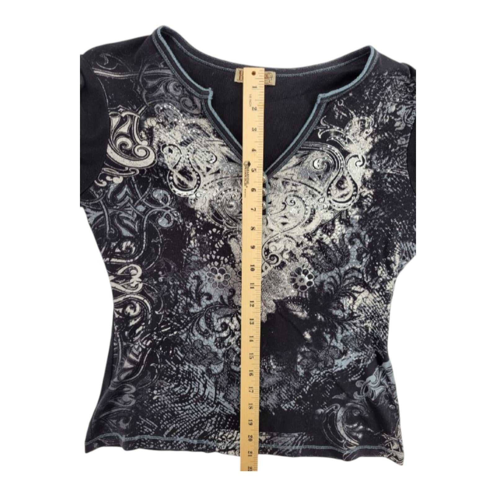 Blue Canyon Clothing Women's Black Scroll Floral Print Henley Top Long Sleeve L