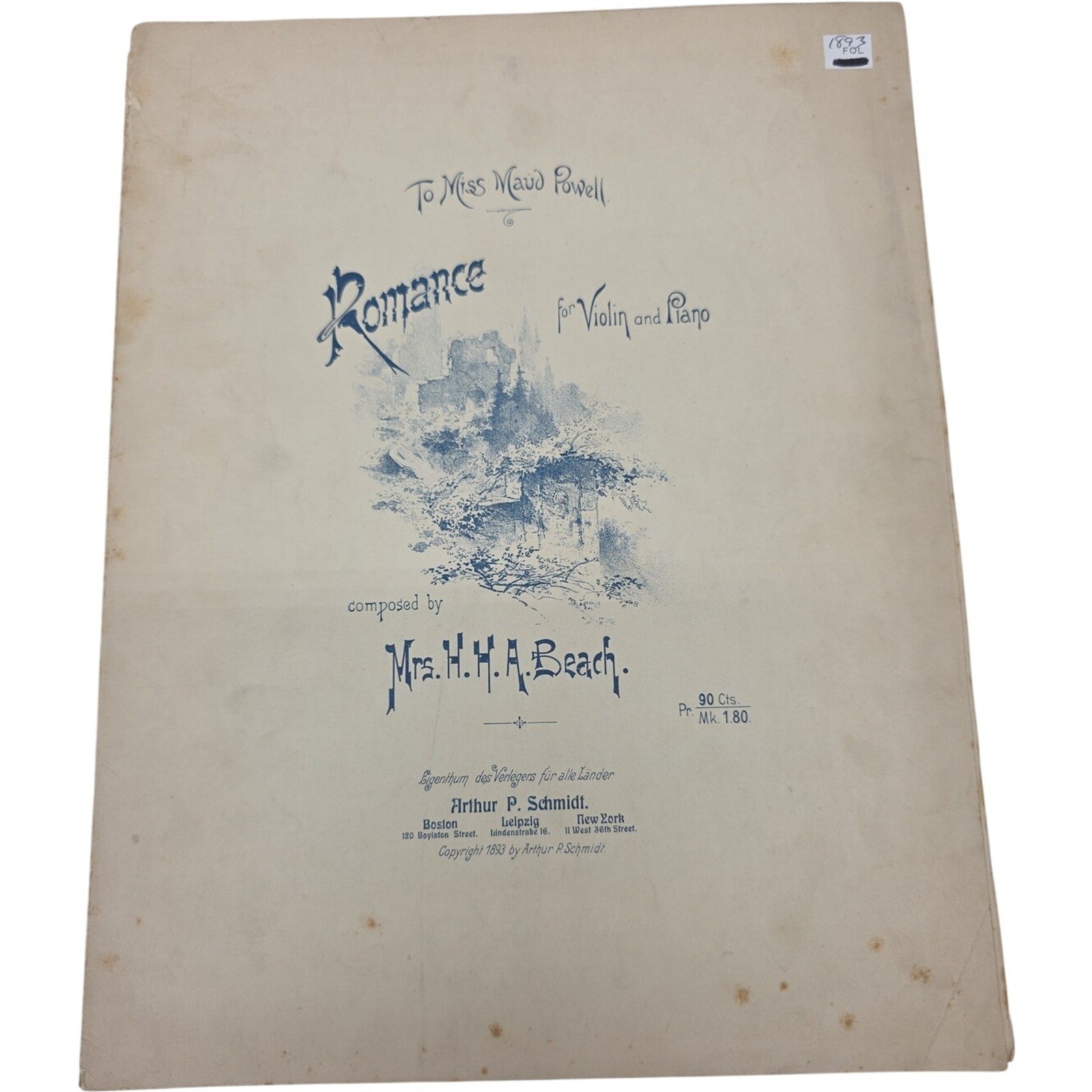 1893 Romance for Violin and Piano Vintage Sheet Music by Mrs. H. H. A. Beach