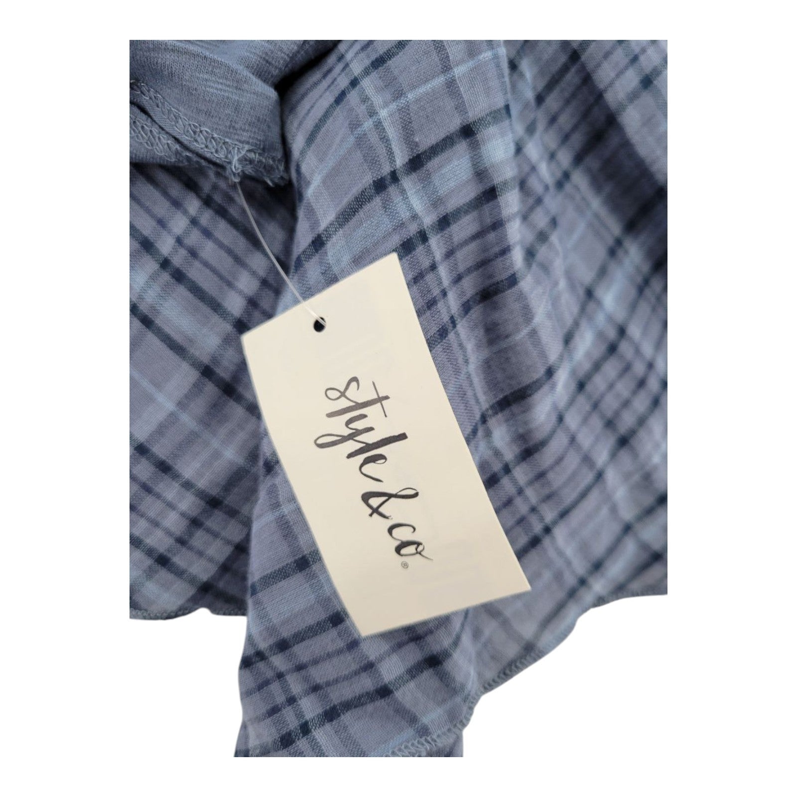 Style & Co Women's Blue Plaid Peplum Top Long Sleeve Mixed Media Scallop M