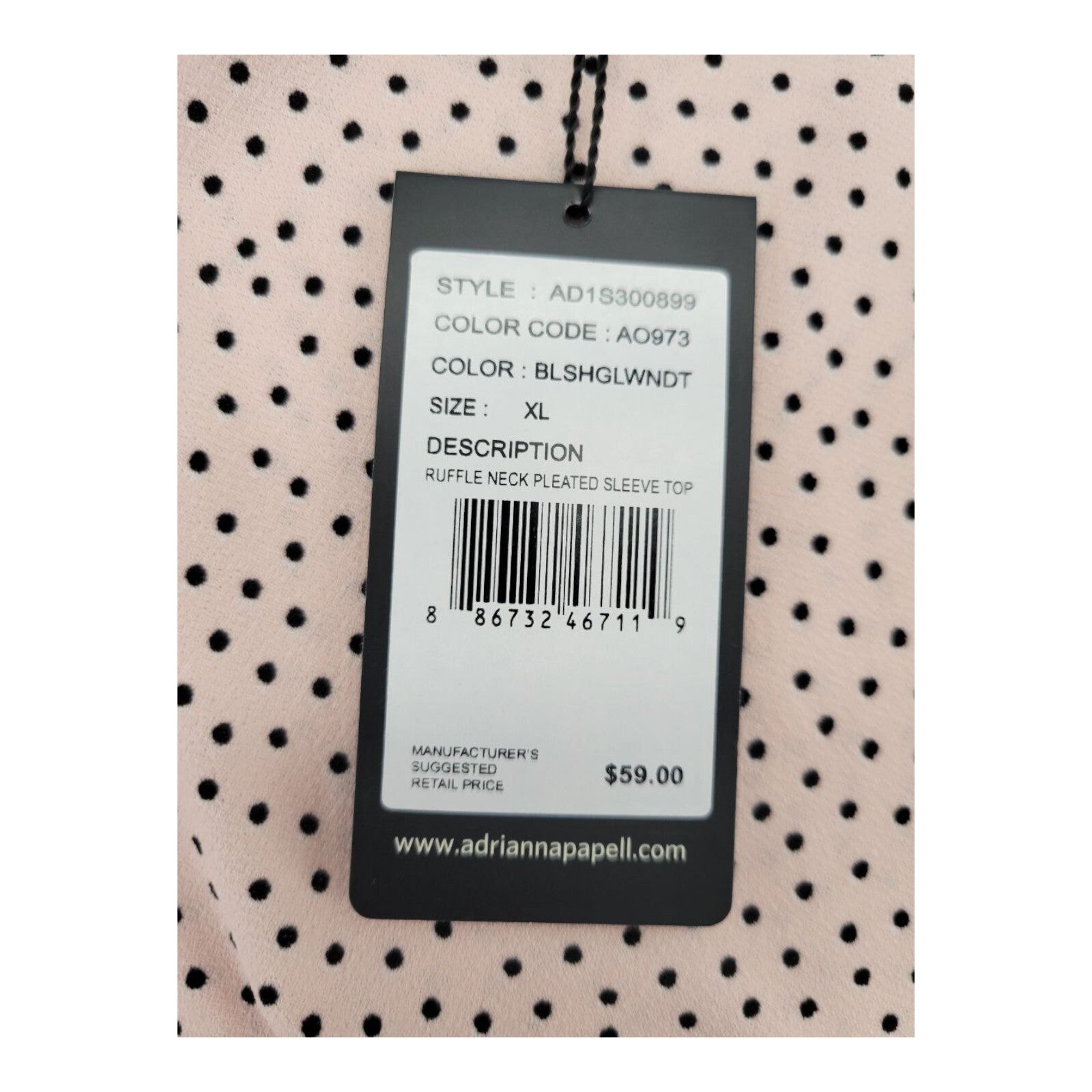 Adrianna Papell Pink Polka Dot Blouse Womens Ruffle Neck Puff Sleeves Size XL
