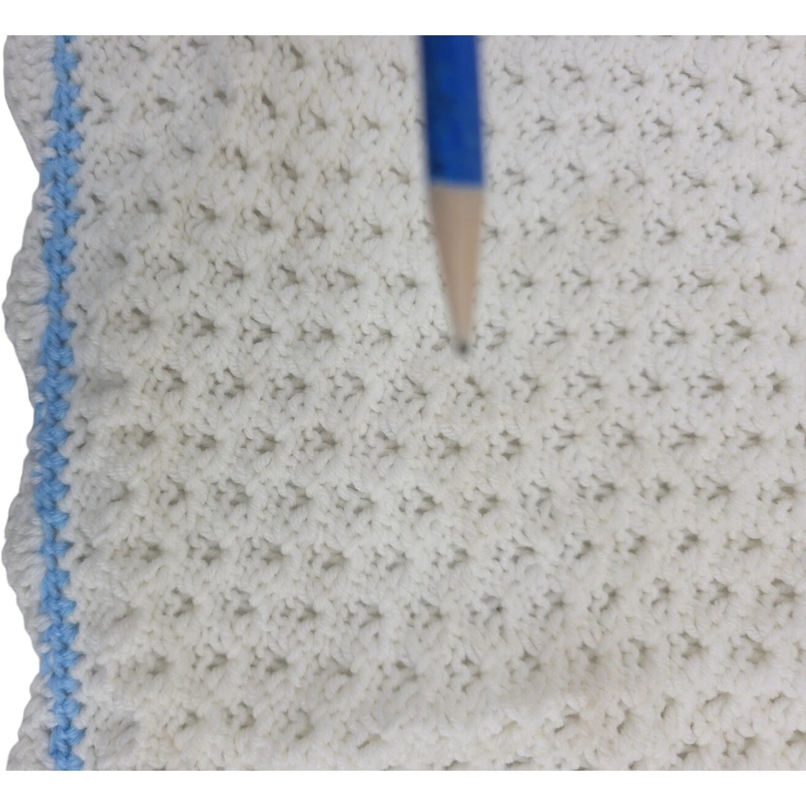 Vintage Handmade White Baby Blanket with Blue Trim Crochet Knit Pattern