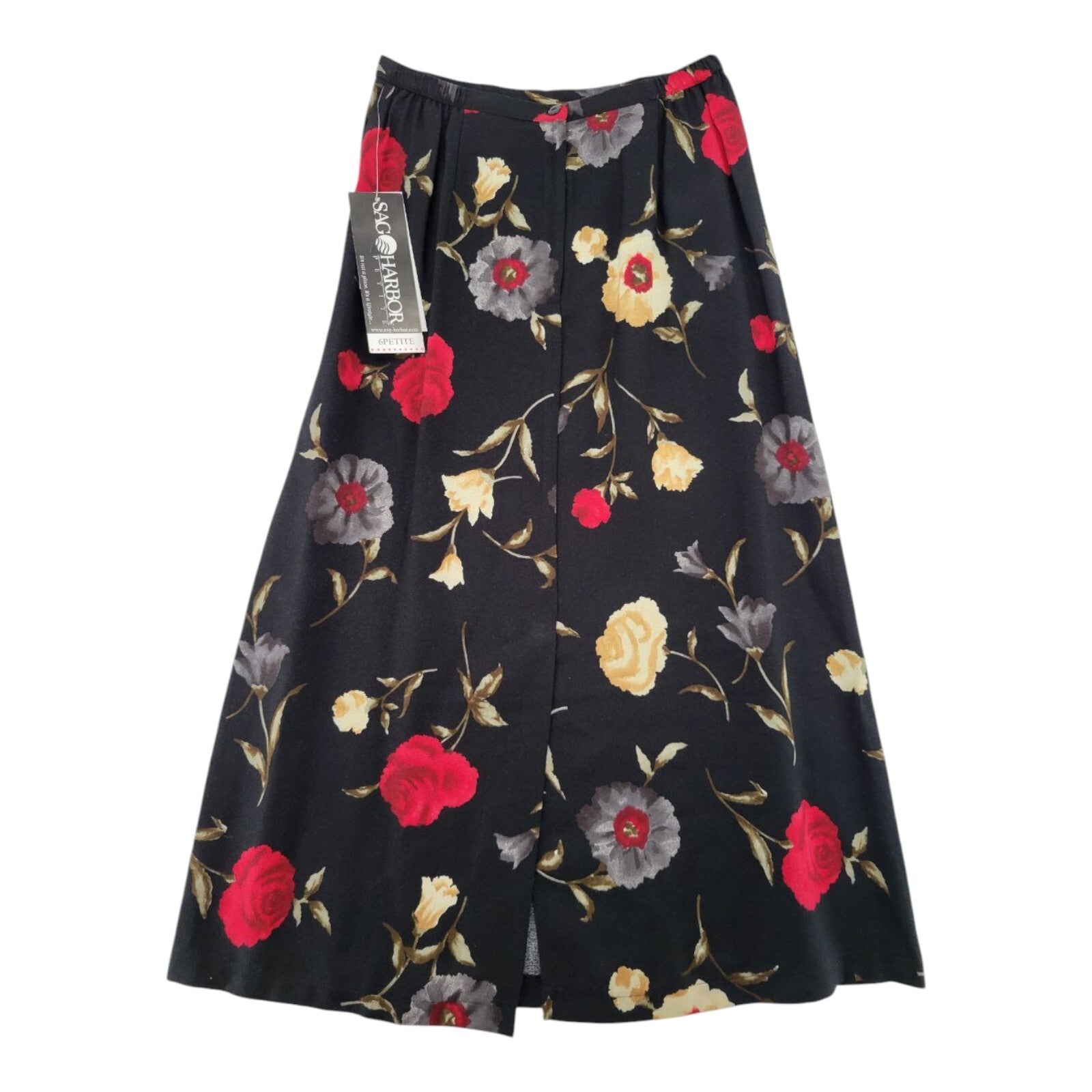 Sag Harbor Petite Black Floral A-Line Midi Skirt Rayon Crepe Size 6