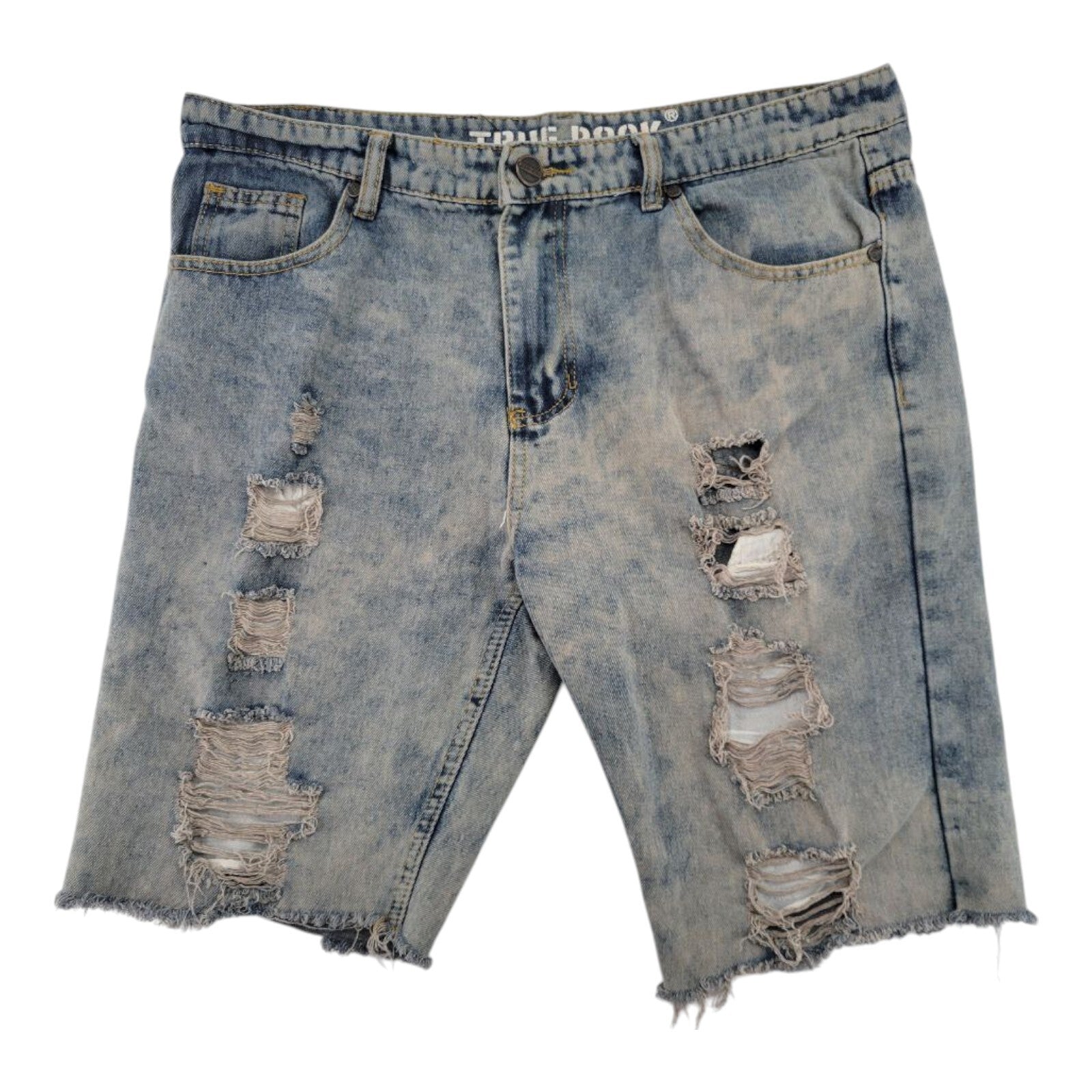 True Rock Distressed Denim Shorts Blue Cut Off Raw Hem Mens Size 38