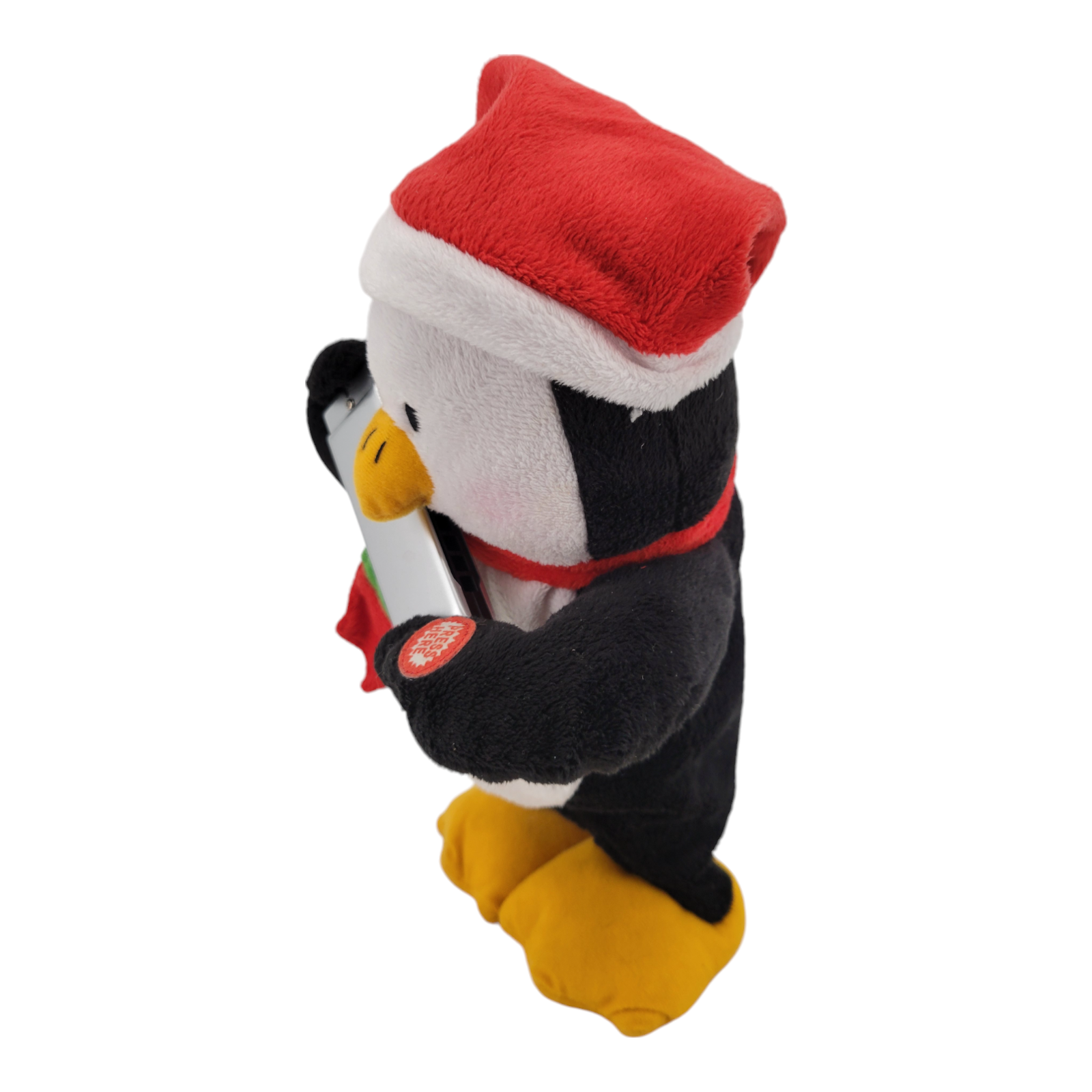 Animated Christmas Penguin Plush Santa Hat Singing Toy with Flute Press Here